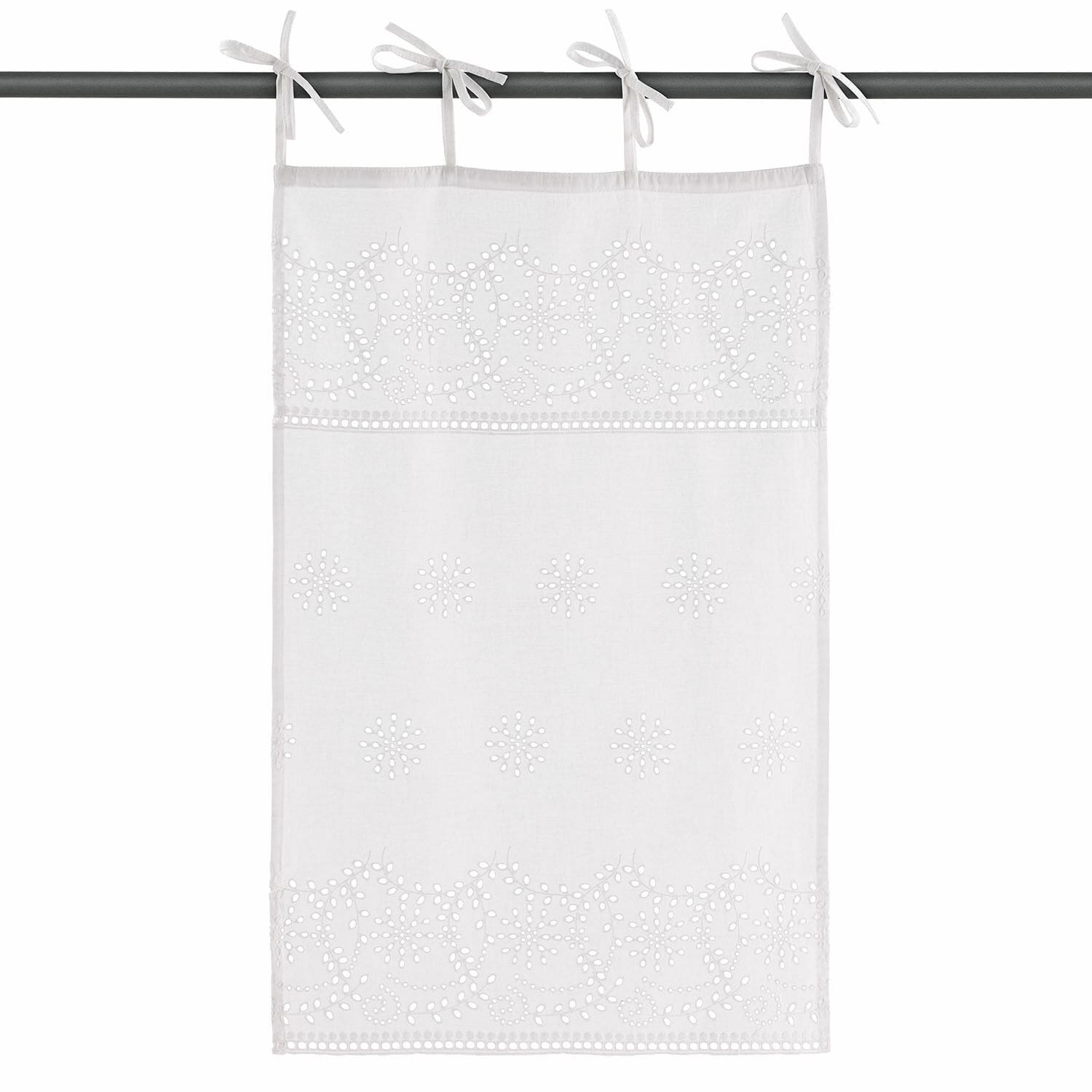 Tendina a vetro Sivolre Tenda bianca in cotone con ricamo traforato e motivi floreali, decorazione per finestra con lacci