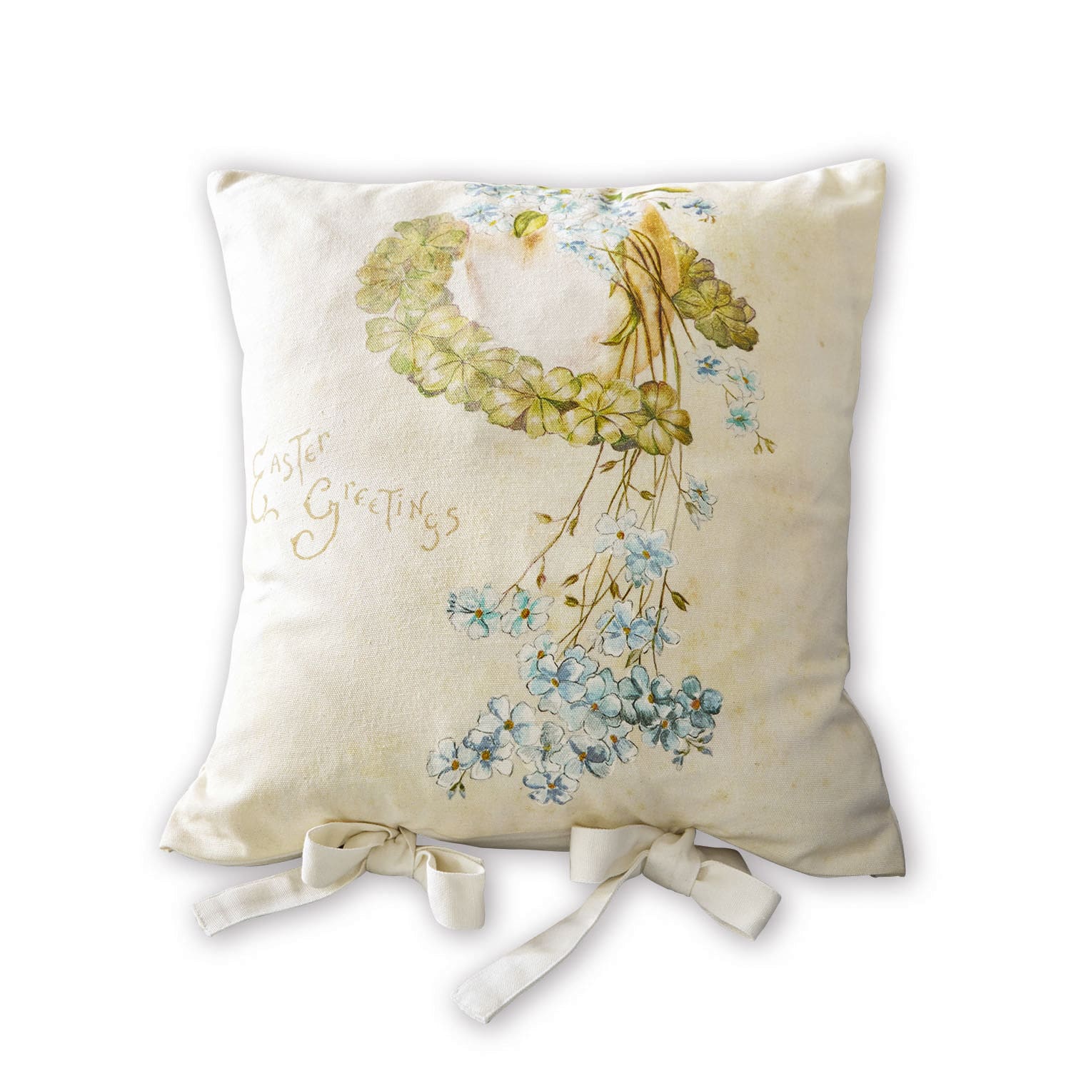 Copricuscino Fierolla Cuscino beige in cotone con stampa floreale e scritta Easter Greetings, cuscino decorativo in stile vintage