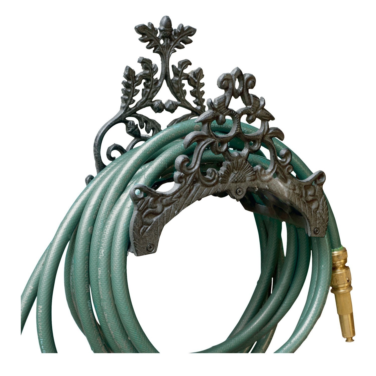 Portatubo da parete Mathis Supporto in metallo decorativo per tubo da giardino verde con ugello in ottone per irrigazione