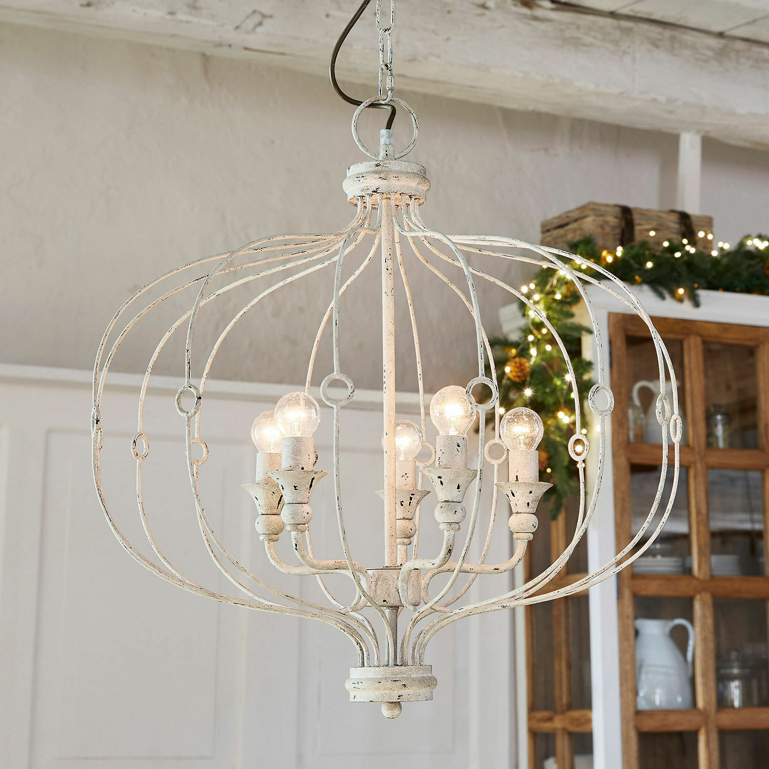 Lampadario Aragonese Lampadario in metallo bianco stile vintage con sei lampadine per soggiorno o sala da pranzo