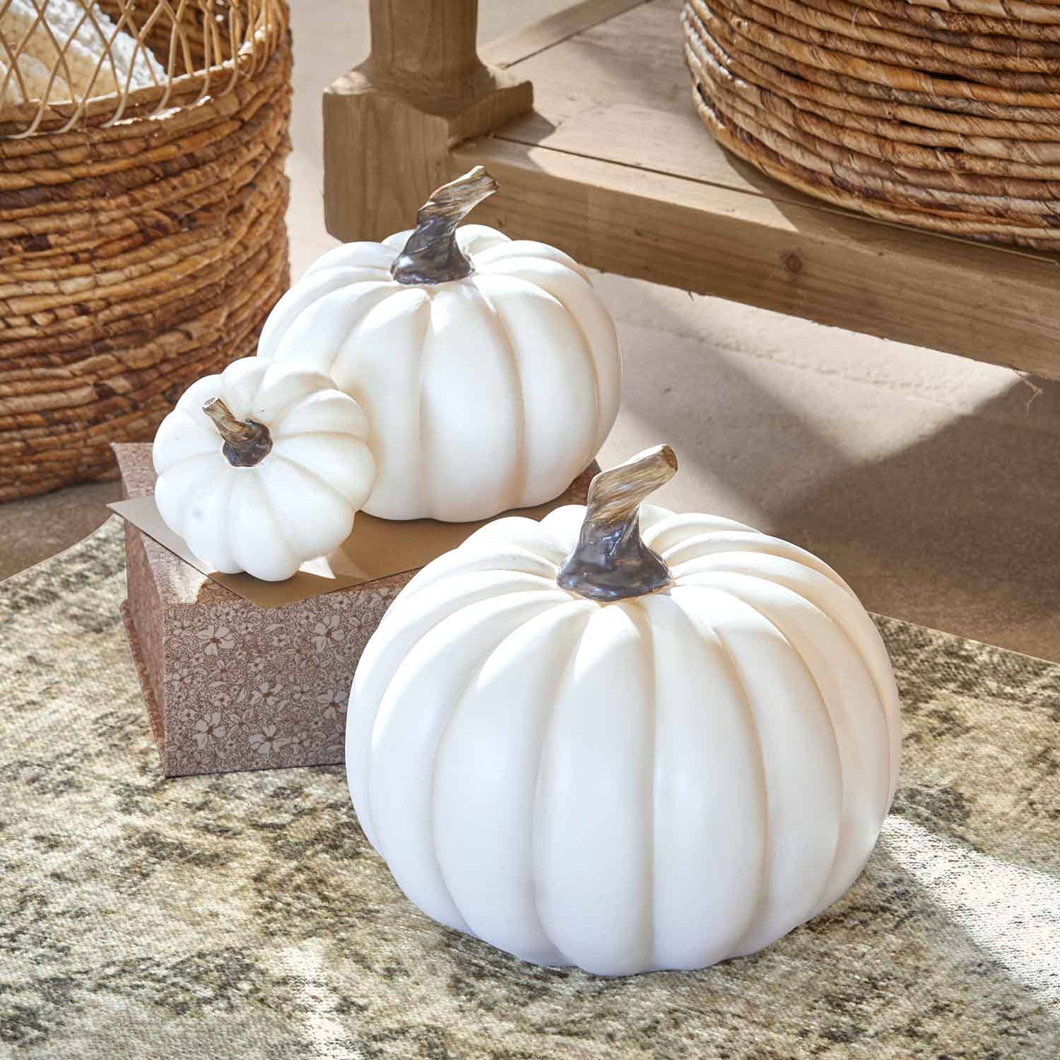 Zucca decorativa bianca in plastica con gambo marrone su tappeto e tavolo in legno