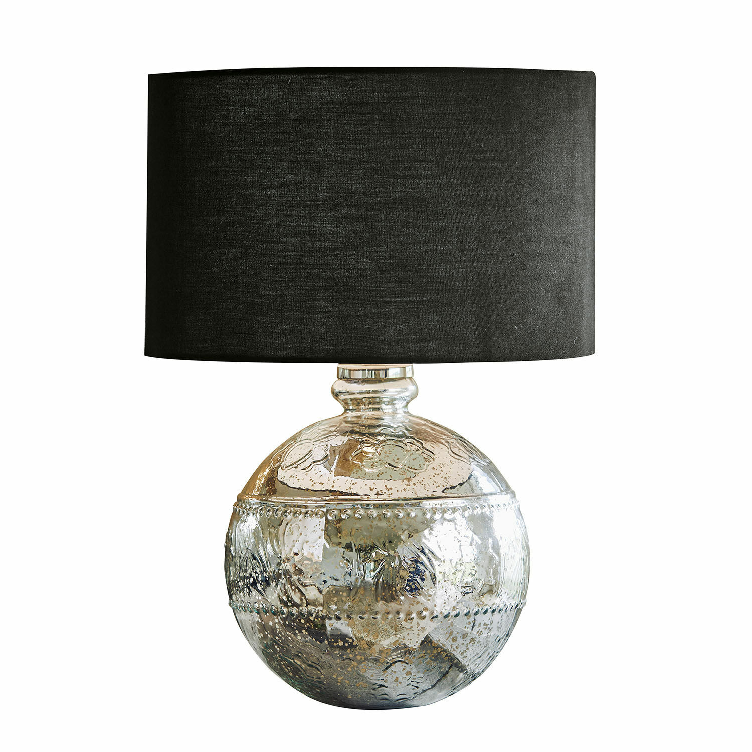 Lampada da tavolo Voyer Lampada da tavolo decorativa con base sferica in vetro argentato e paralume nero per soggiorno
