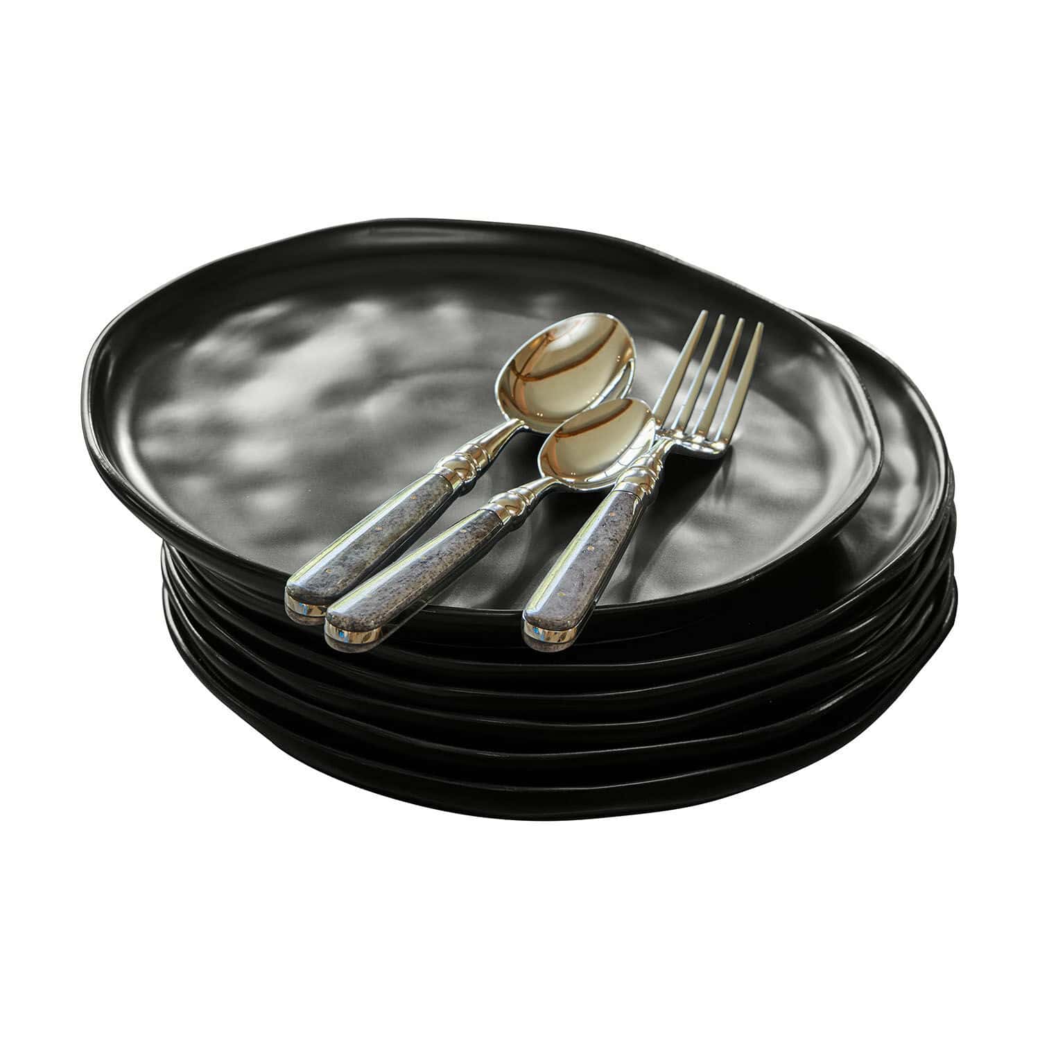 Set di 6 piatti Biarré Set di piatti in ceramica nera con posate in metallo con manici grigi per la tavola