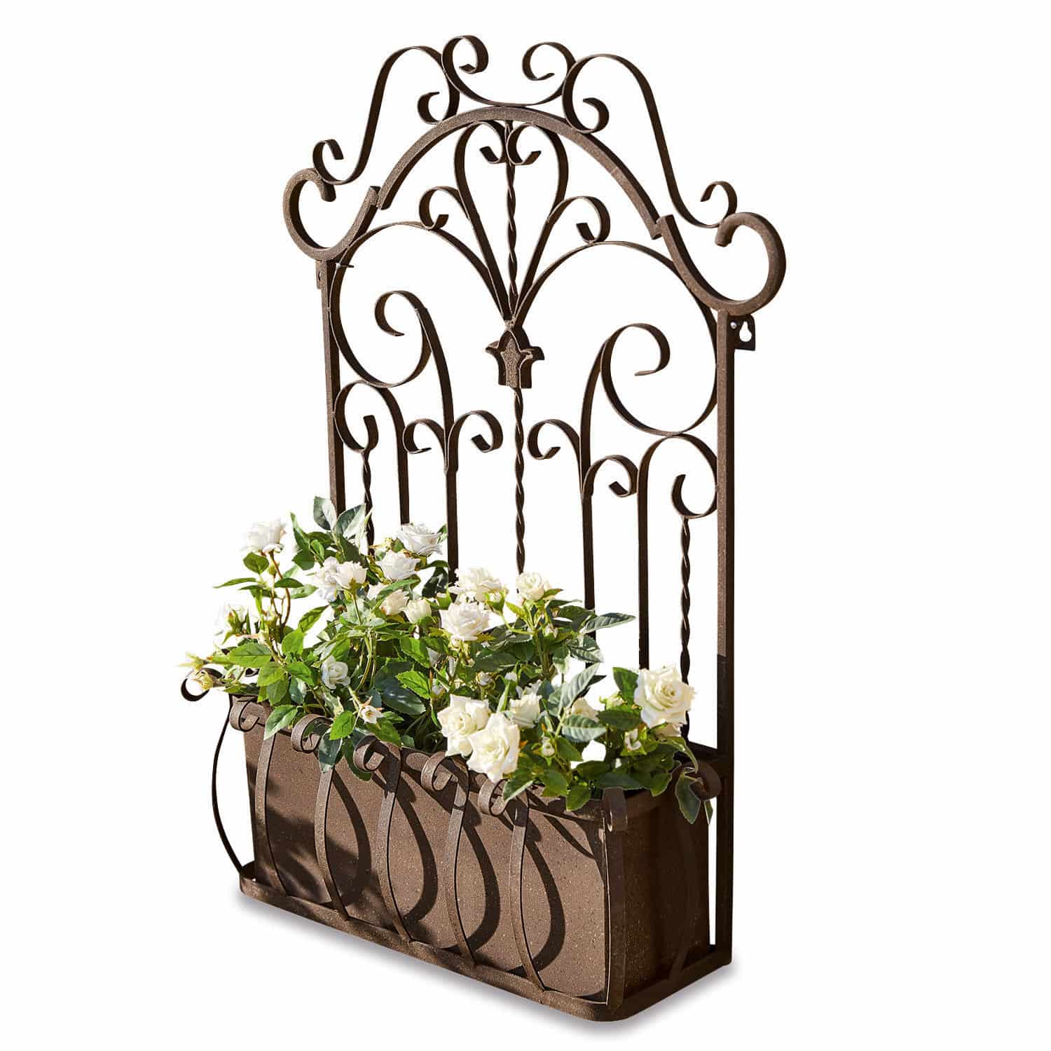 Fioriera Secourt Fioriera in metallo marrone con pannello traforato decorativo e fiori bianchi per giardino