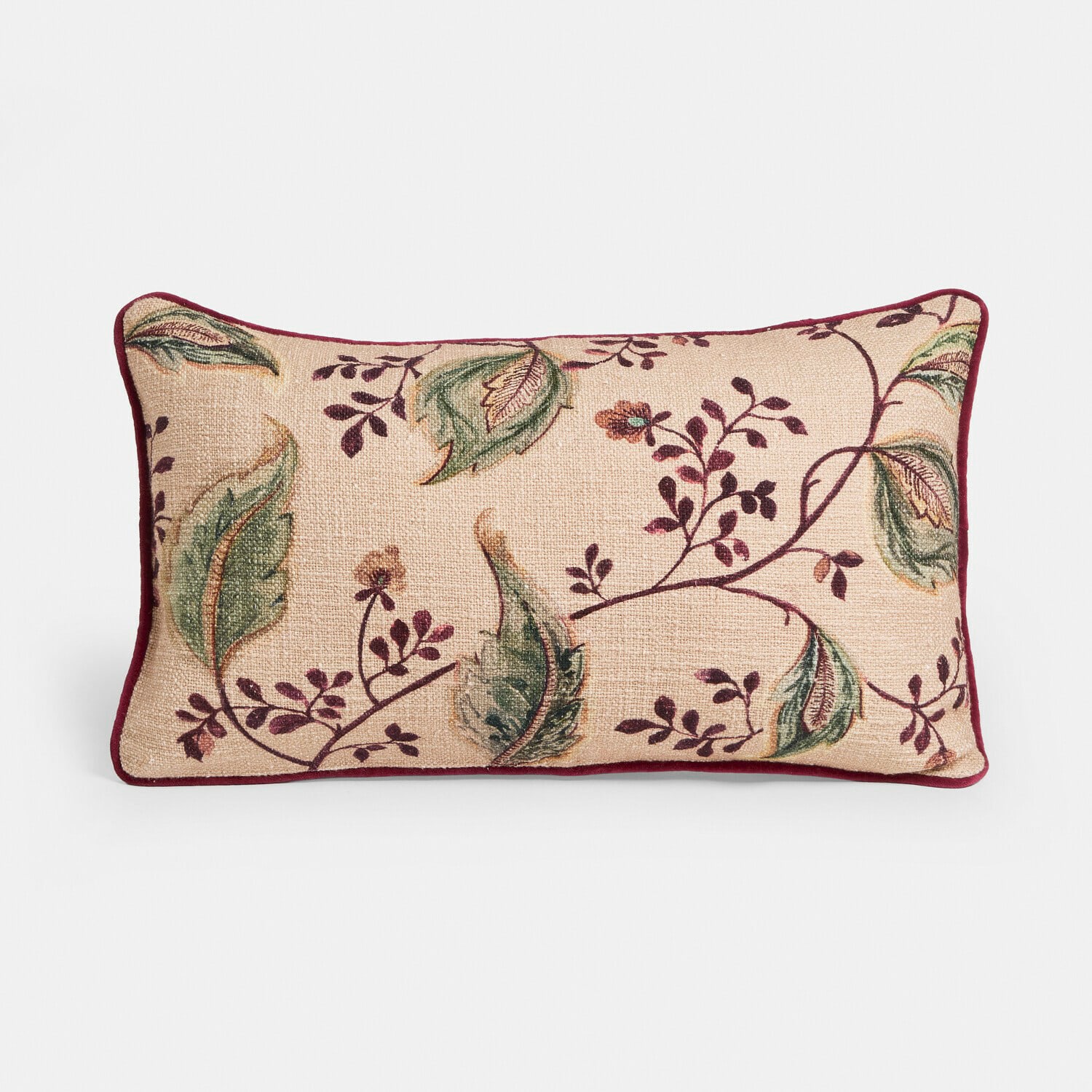 Copricuscini Clemencies Cuscino decorativo rettangolare beige con foglie verdi e bordeaux su tessuto strutturato