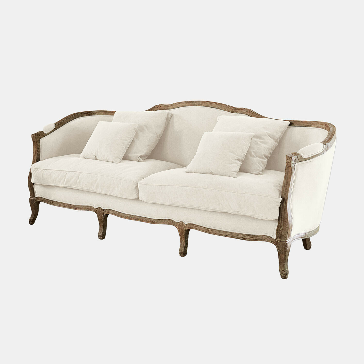 Divano Monneville Divano elegante con tessuto beige chiaro e struttura in legno vintage per soggiorno