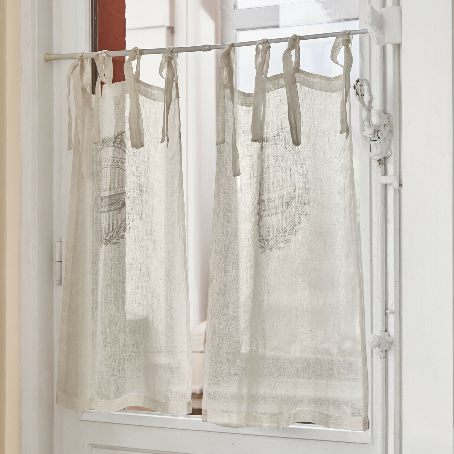 Tenda a vetro Isorelle Tenda beige in lino leggero con lacci annodati, motivo decorativo, ideale per cucina o porta