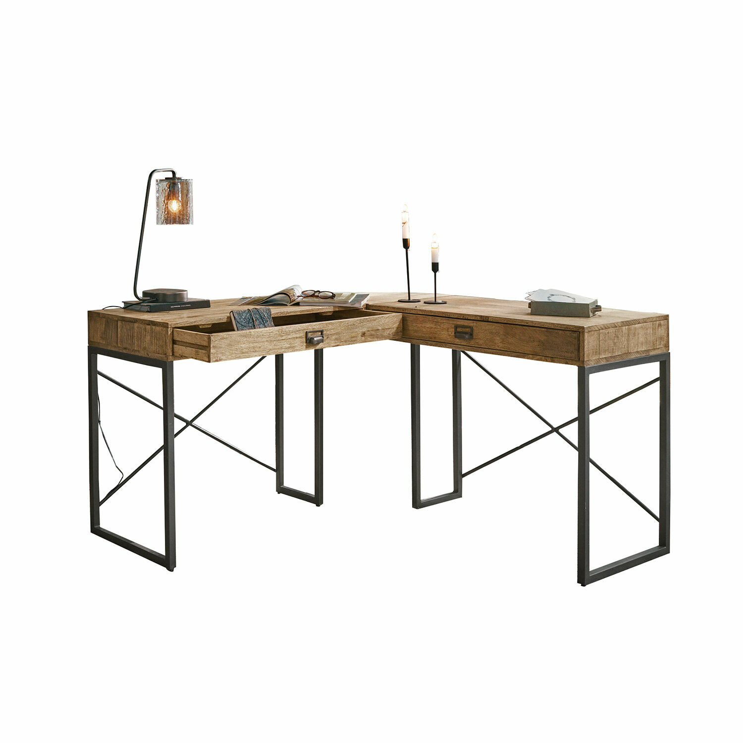 Scrivania Lemuel Scrivania angolare in legno di mango naturale e metallo nero per ufficio moderno