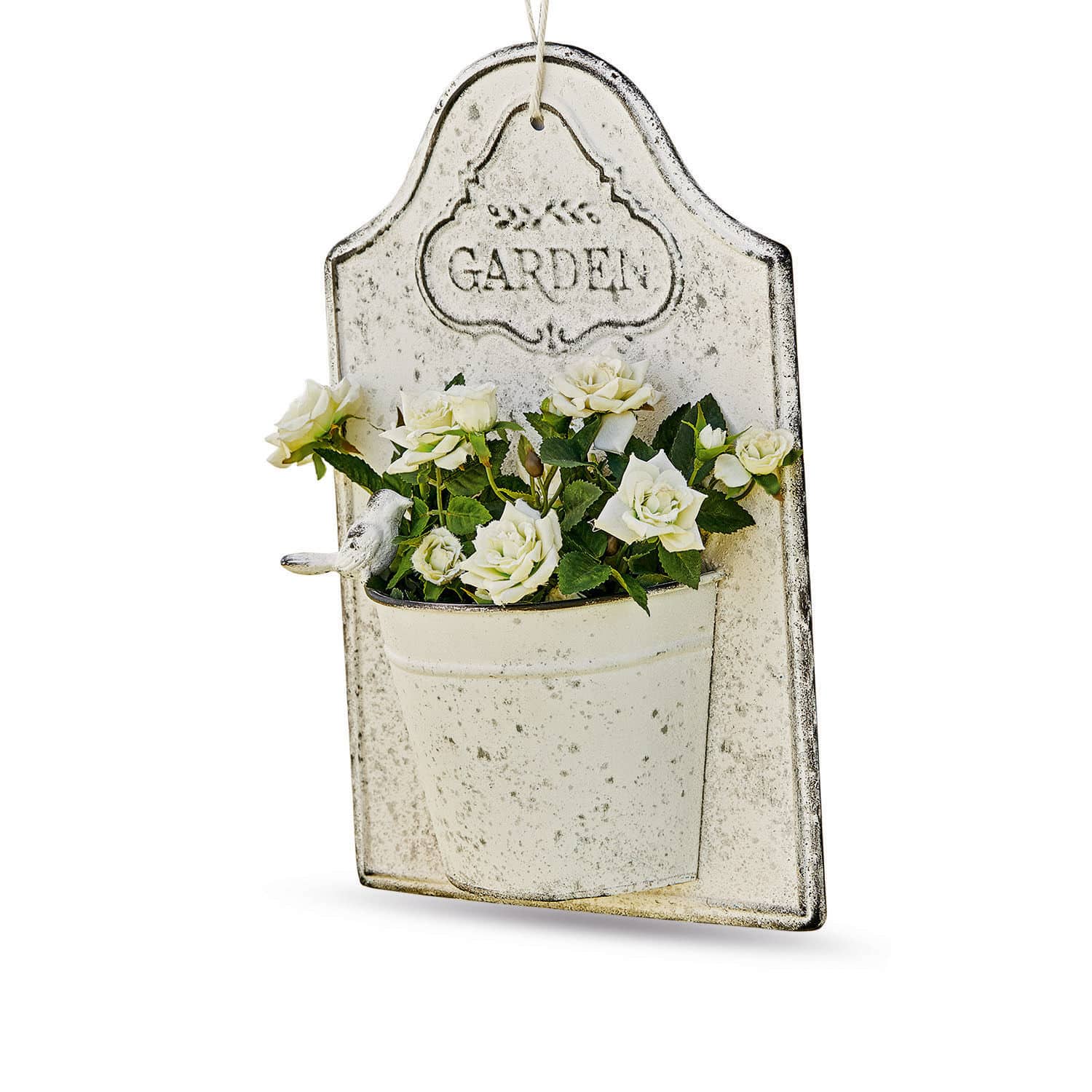 Vaso da parete Helsa Decorazione da parete vintage in metallo con rose bianche e scritta Garden per giardino