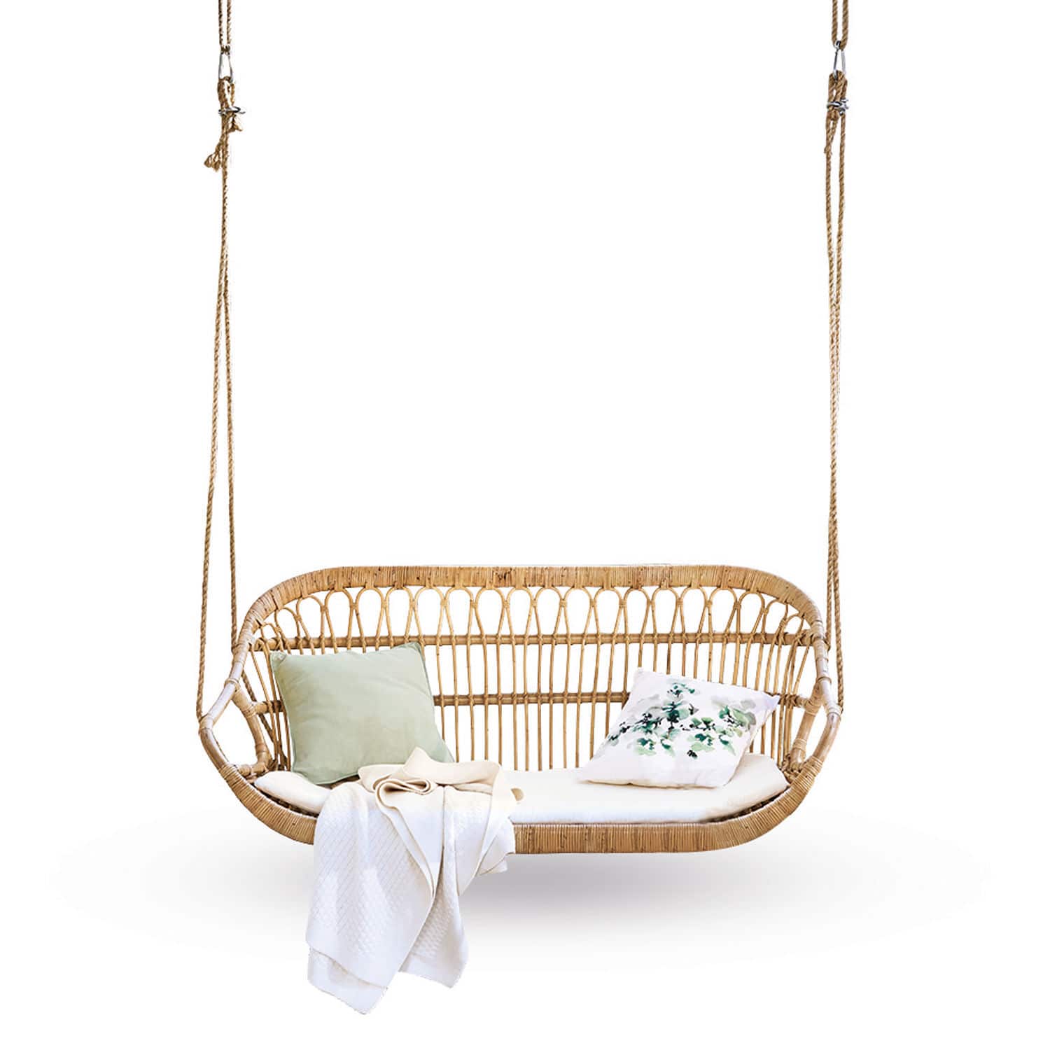 Dondolo sospeso William Altalena in rattan naturale con cuscini e coperta, arredo da giardino confortevole per relax
