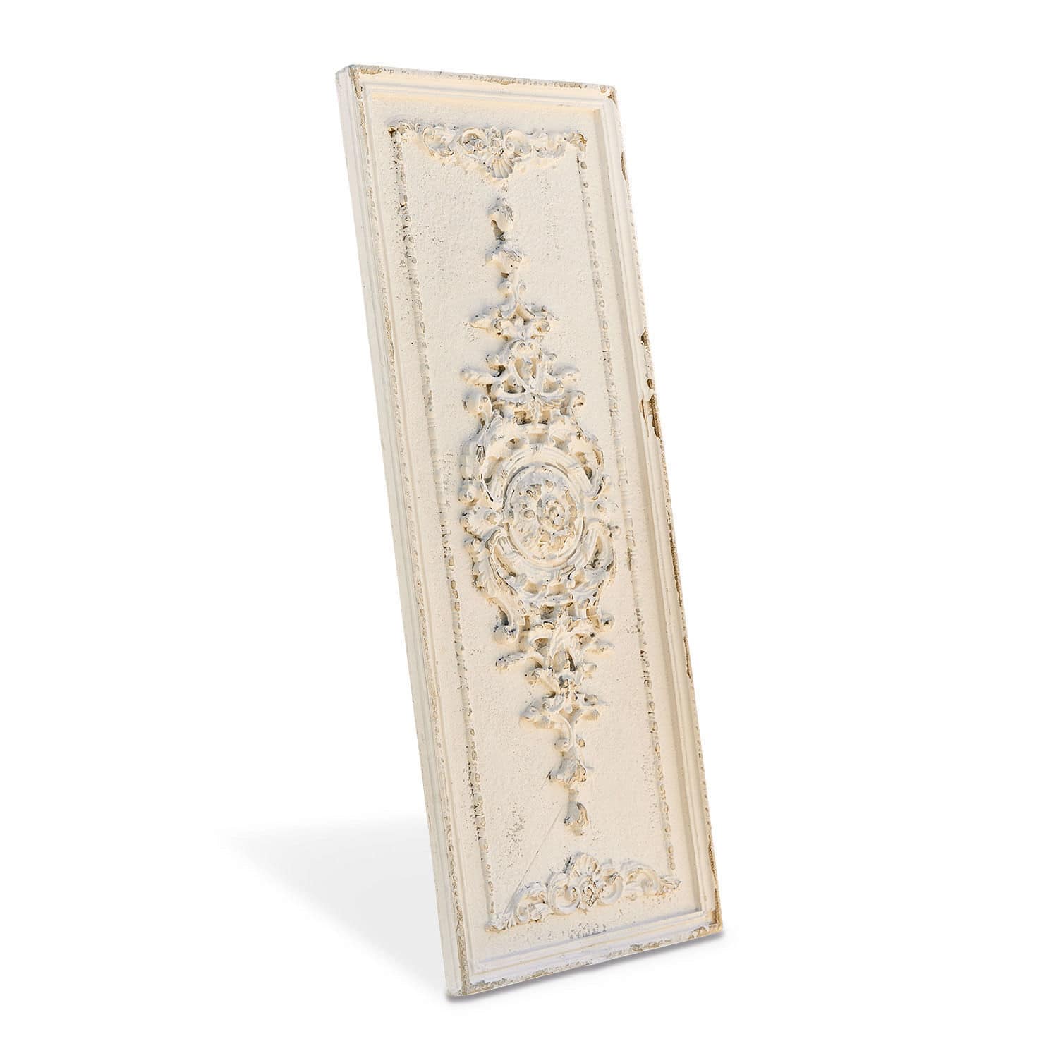 Pannello decorativo Corsy Pannello decorativo in legno bianco con ornamento vintage e finitura invecchiata