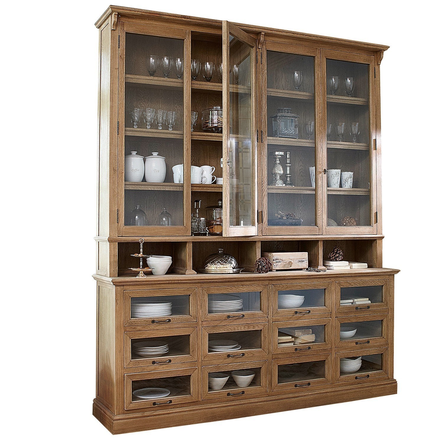 Credenza Juillac Grande vetrina in legno con ante in vetro e cassetti per stoviglie e decorazioni