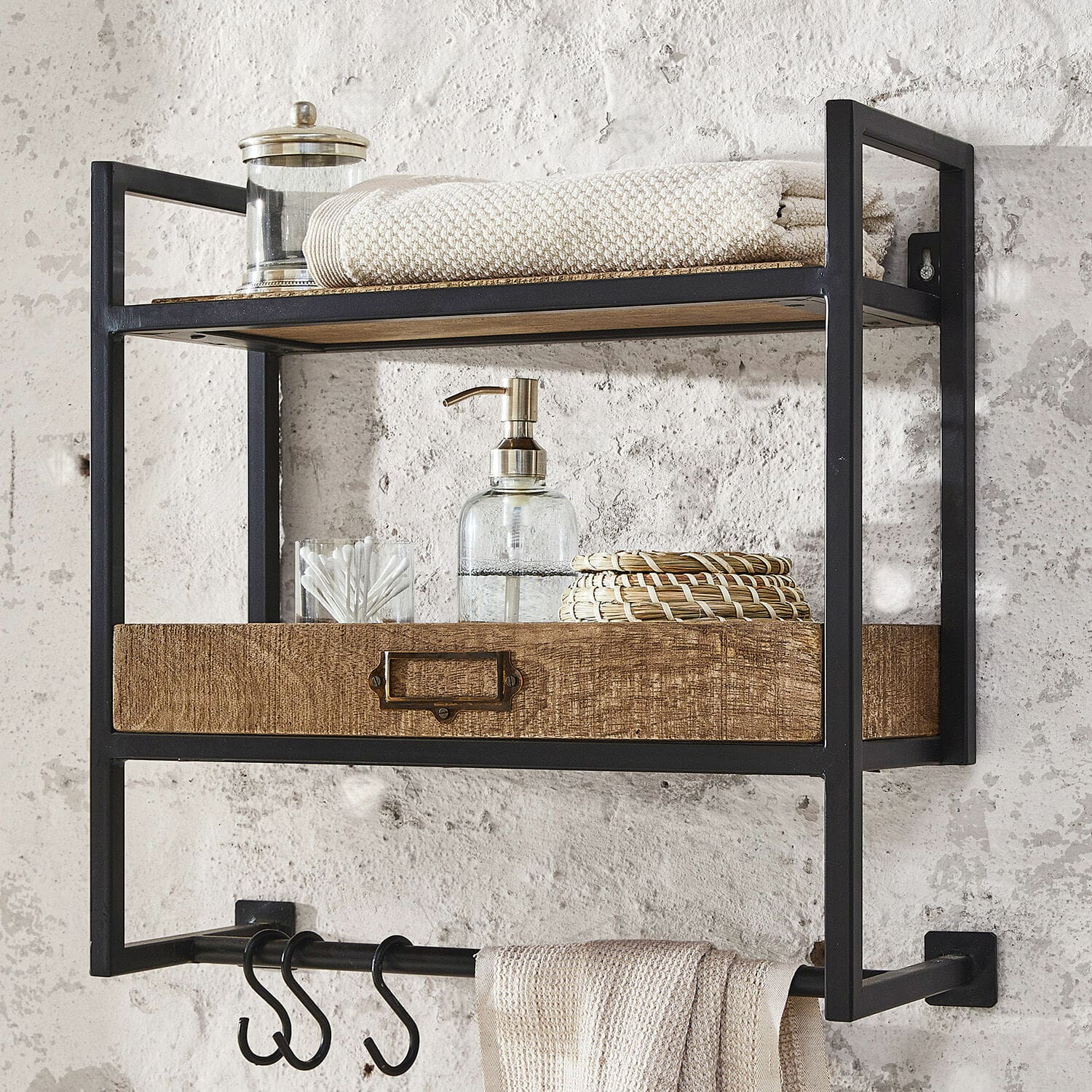 Scaffale da parete Taylors Island Mensola da parete nera in metallo con cassetto in legno e ganci, organizer bagno