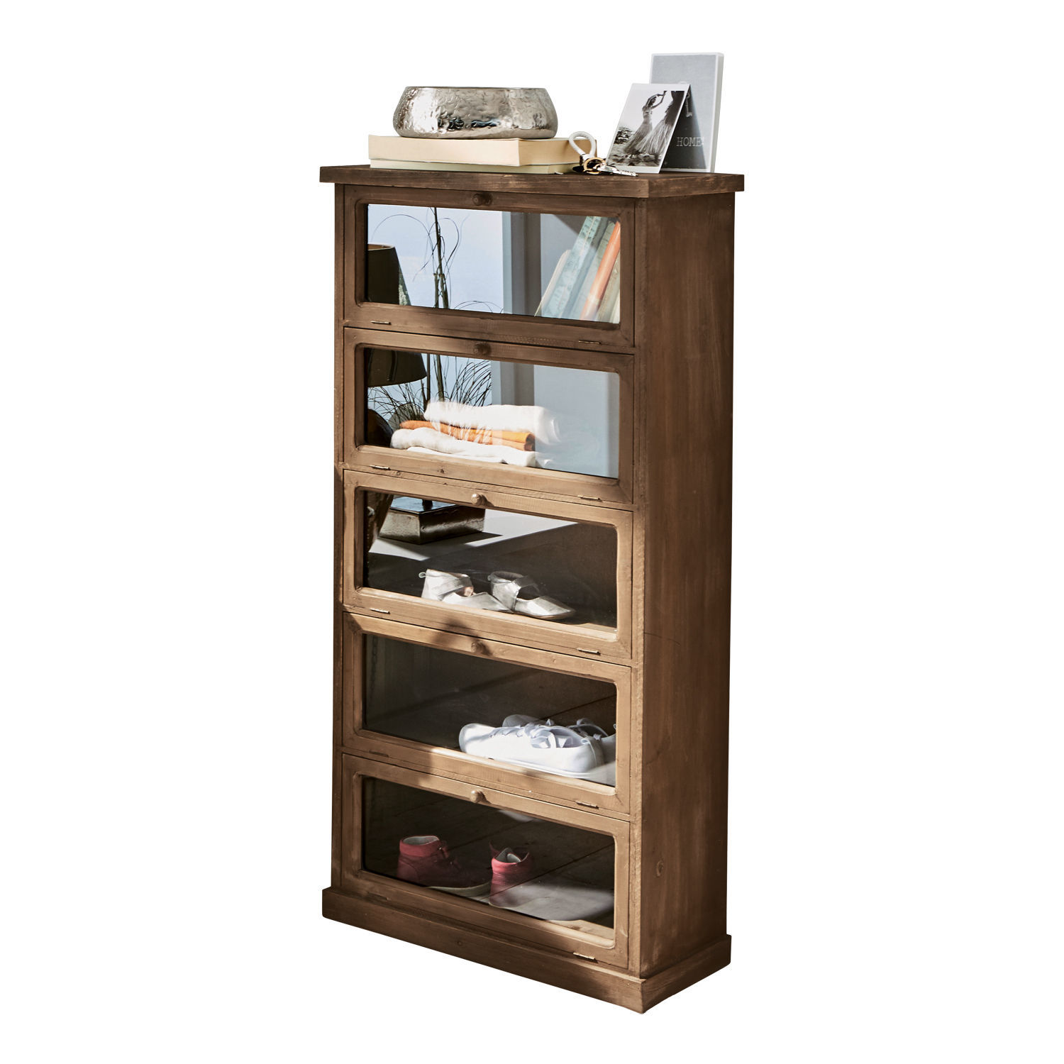 Comò Houghton Scarpiera in legno marrone con cinque scomparti con ante in vetro per riporre le scarpe
