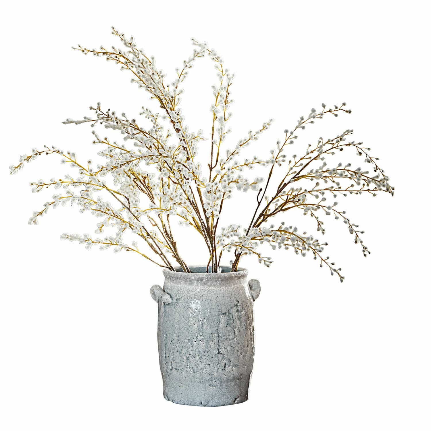 Set di 3 rami decorativi Palmyra Vaso in ceramica grigia con rami di salice bianco per decorazione d'interni