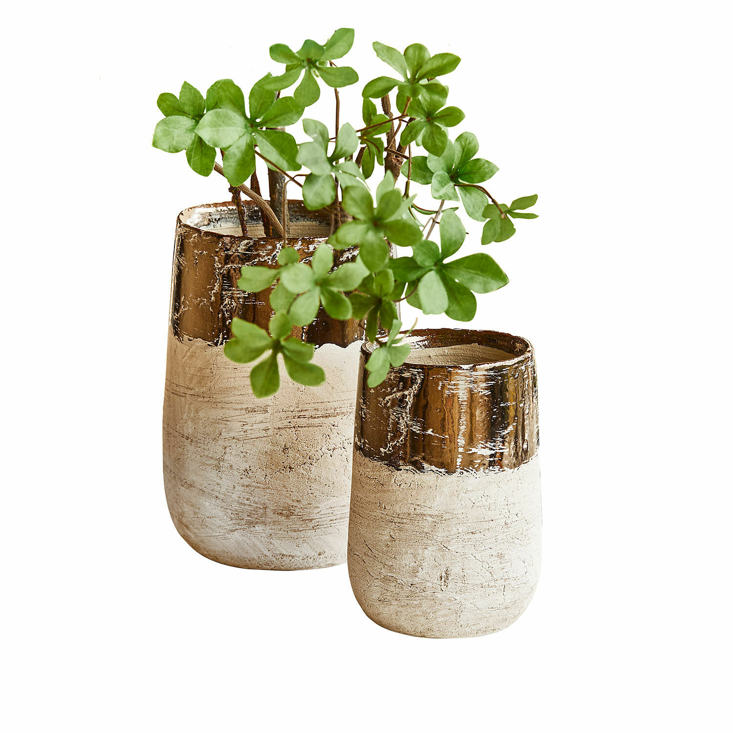 Coppia di vasi Hafira Set di due vasi in ceramica beige e marrone con piante verdi per decorazione d'interni