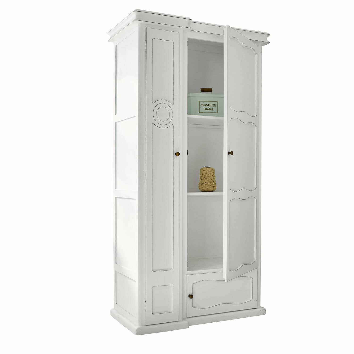 Mobile Garlinet Armadio in legno bianco con ante aperte e ripiani, mobile contenitore per la casa