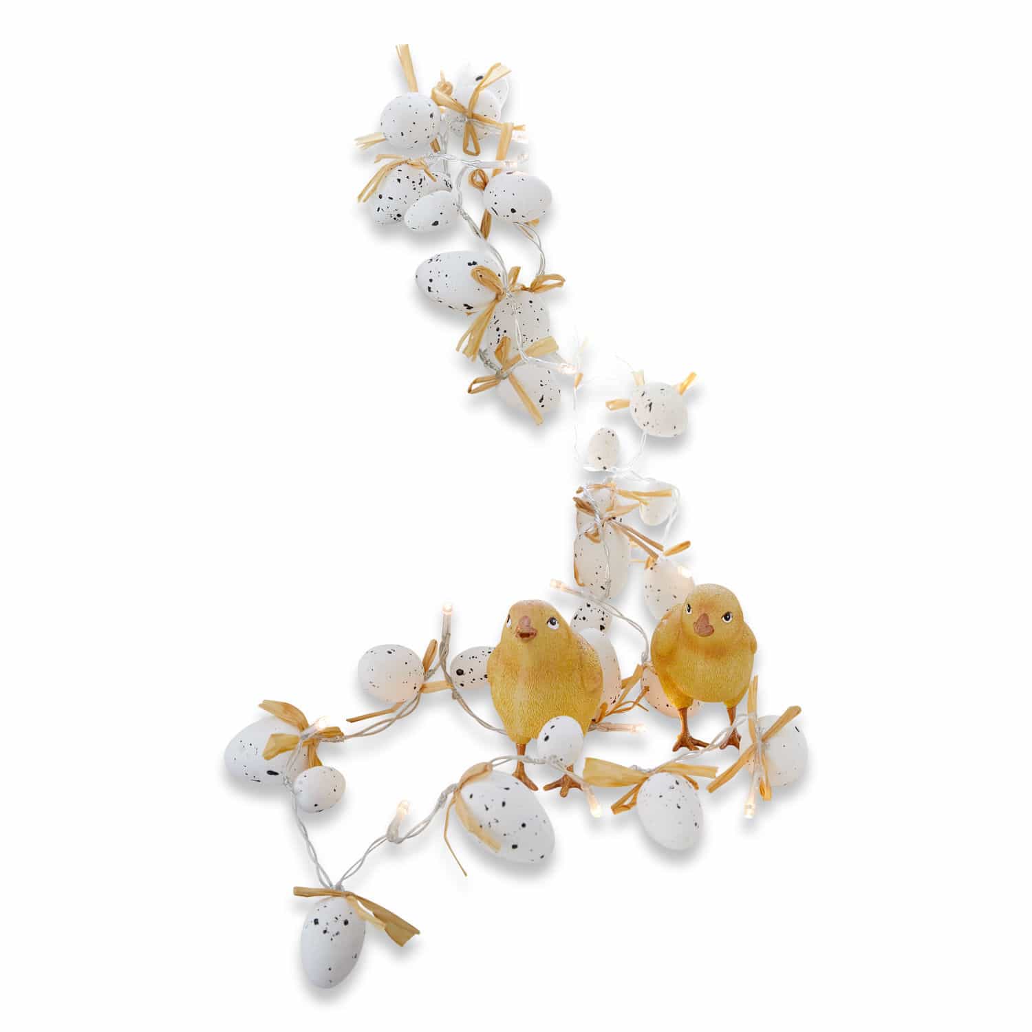 Coppia di catene luminose Mikka Ghirlanda luminosa con uova bianche macchiate e pulcini gialli, decorazione pasquale