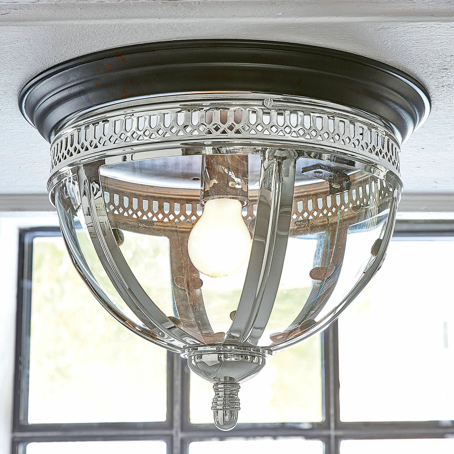Lampada da parete e soffitto Toole Lampada da soffitto in vetro con cornice metallica argento e nera, stile vintage