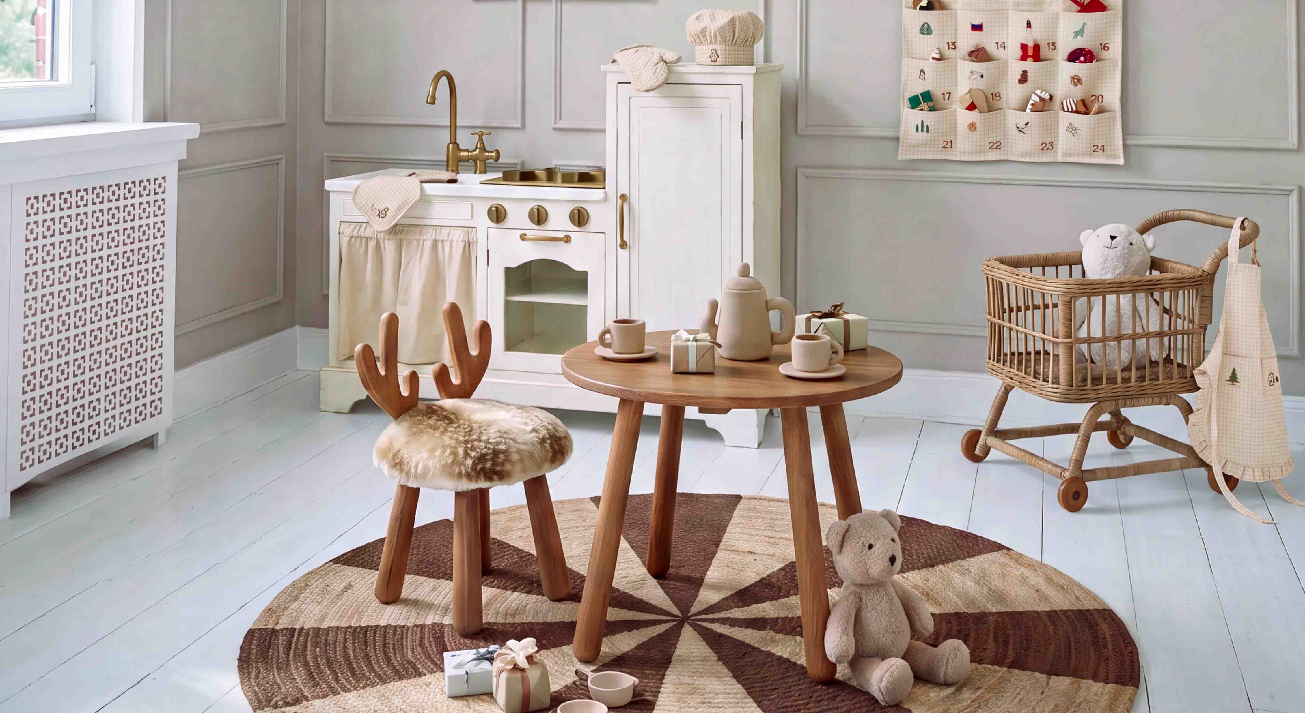 Tavolo e sedia in legno con seduta in pelliccia in camera bambini con giocattoli e cucina giocattolo