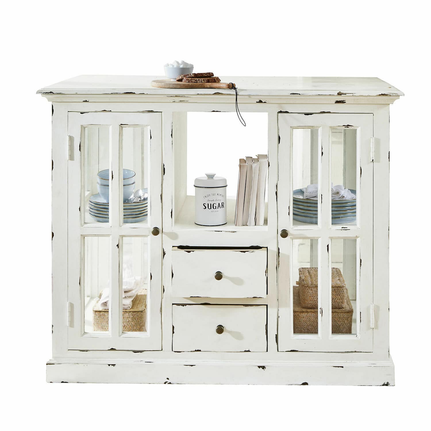 Isola da cucina Catigny Credenza in legno bianco con ante in vetro e cassetti, mobile vintage per soggiorno