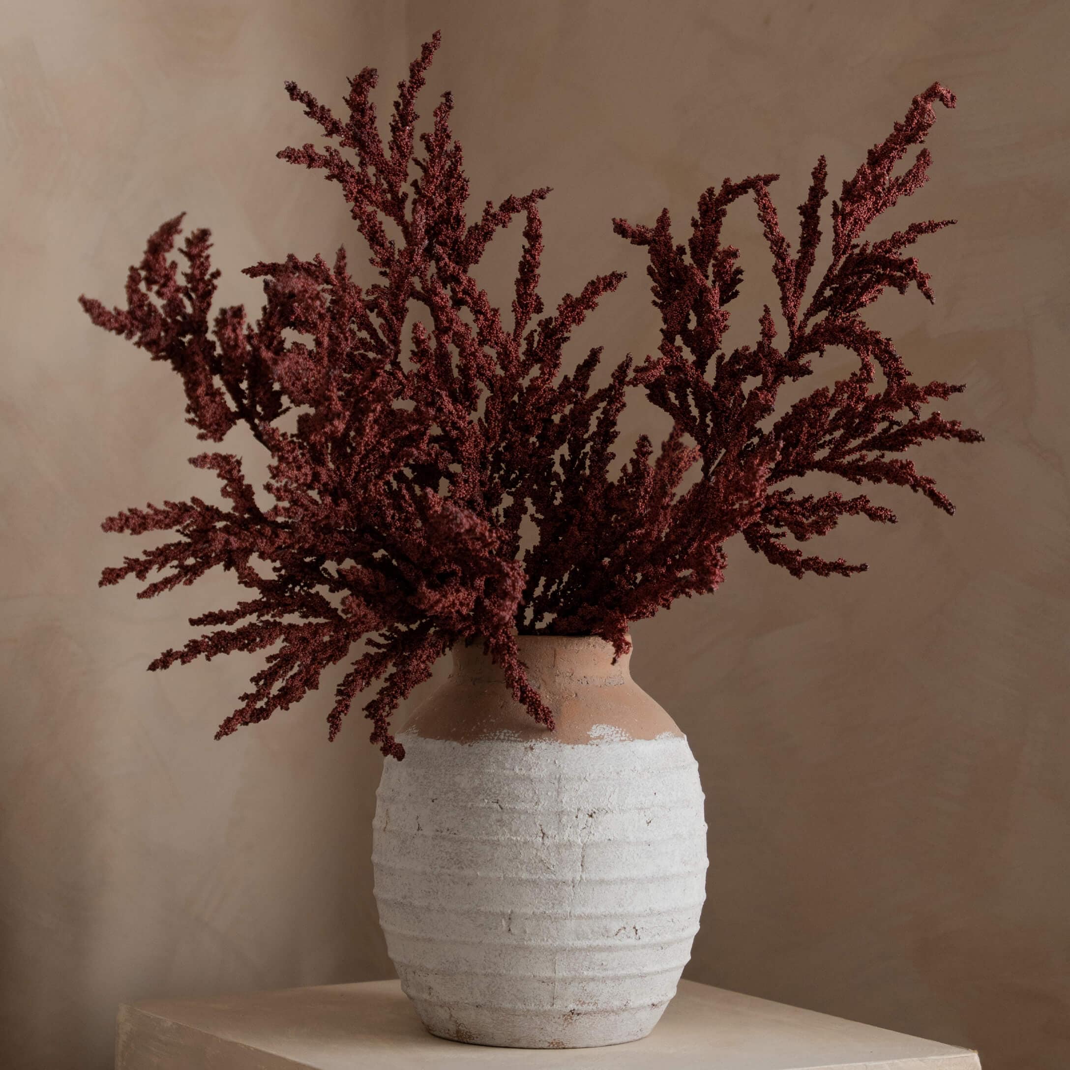 Vaso in ceramica bianco e marrone con decorazione di fiori secchi rossi per interni