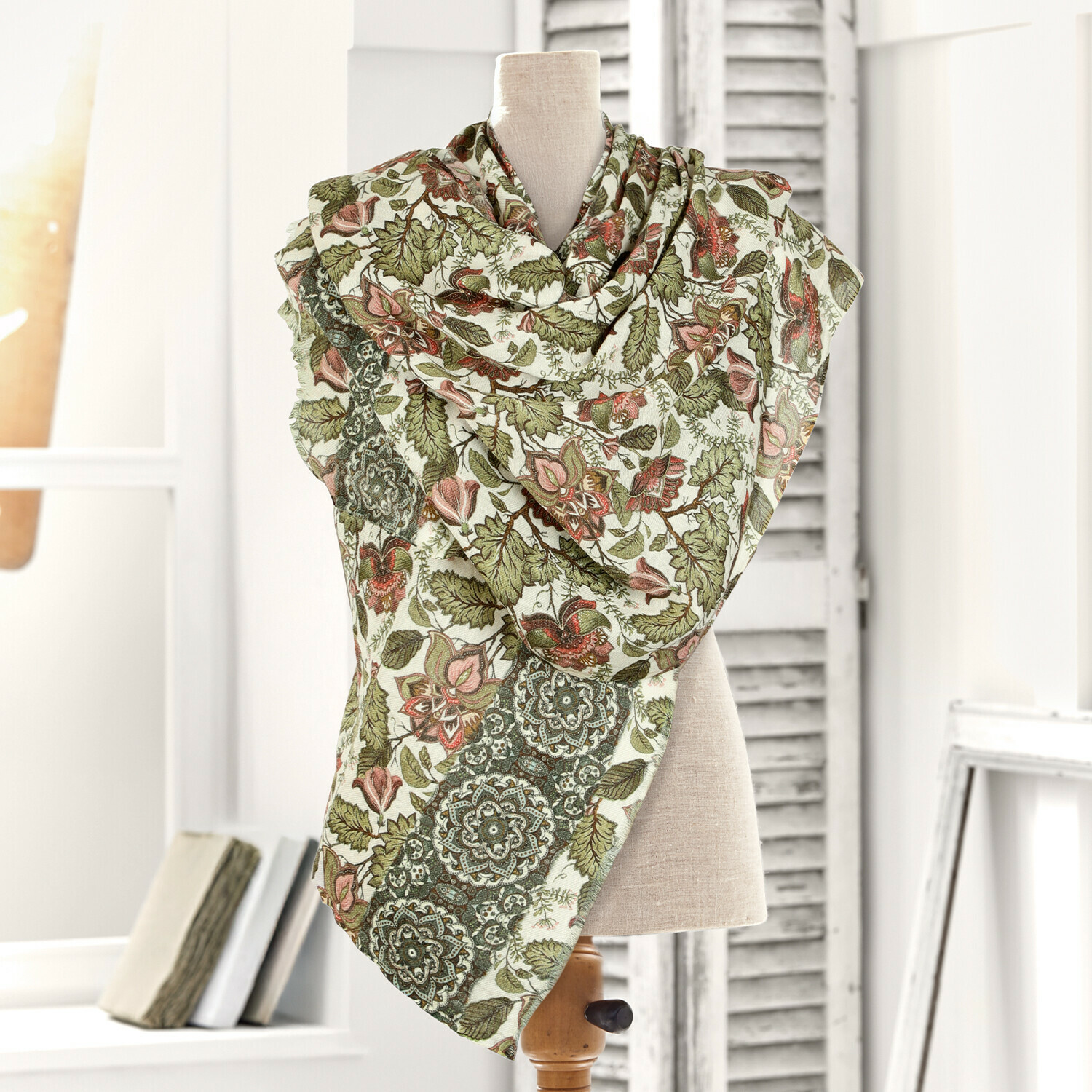 Scialle Presquer Sciarpa in cotone con motivo floreale verde e rosa, accessorio leggero e decorativo per abbigliamento