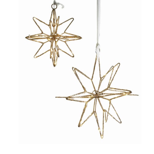 Stelle decorative in metallo dorato con luci LED da appendere, ornamenti natalizi