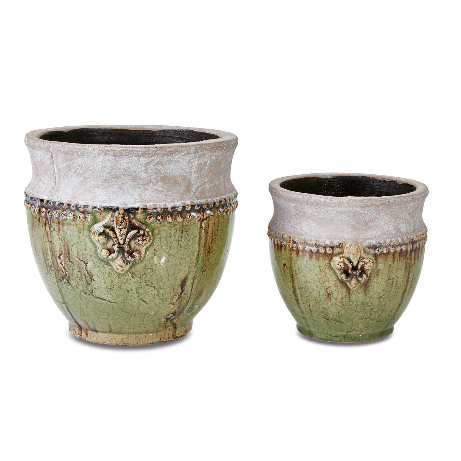 Coppia di portavasi Montcony Set di due vasi in ceramica verde e beige con motivo decorativo e finitura invecchiata