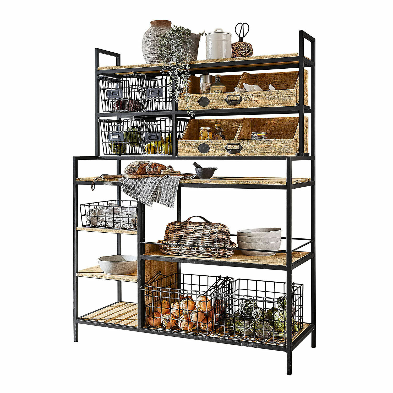 Scaffale Greenbriar Scaffale in metallo e legno con cesti e contenitori per conservazione in cucina o dispensa