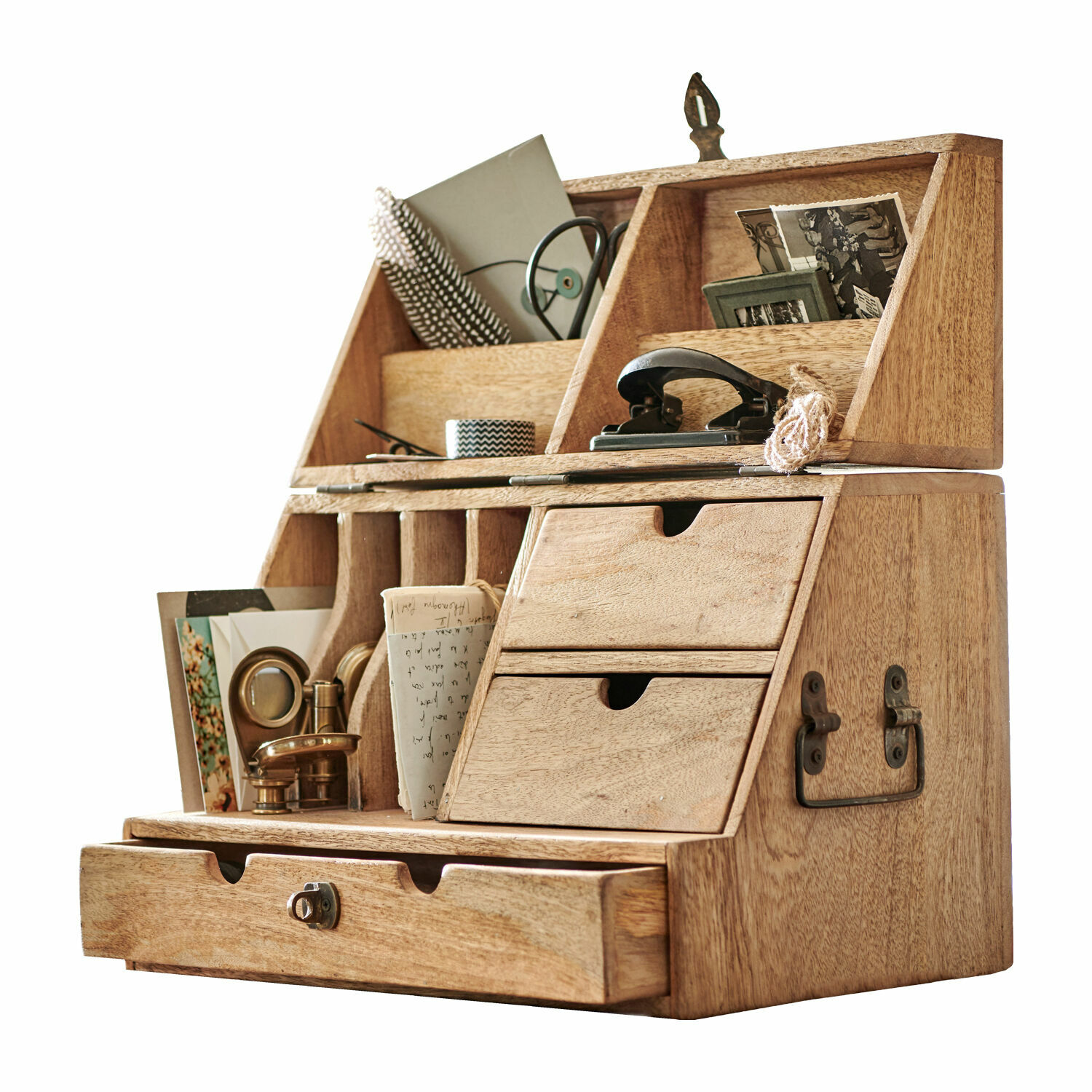 Portaoggetti Shane Scatola da scrivania in legno con cassetti e scomparti per accessori, colore naturale chiaro