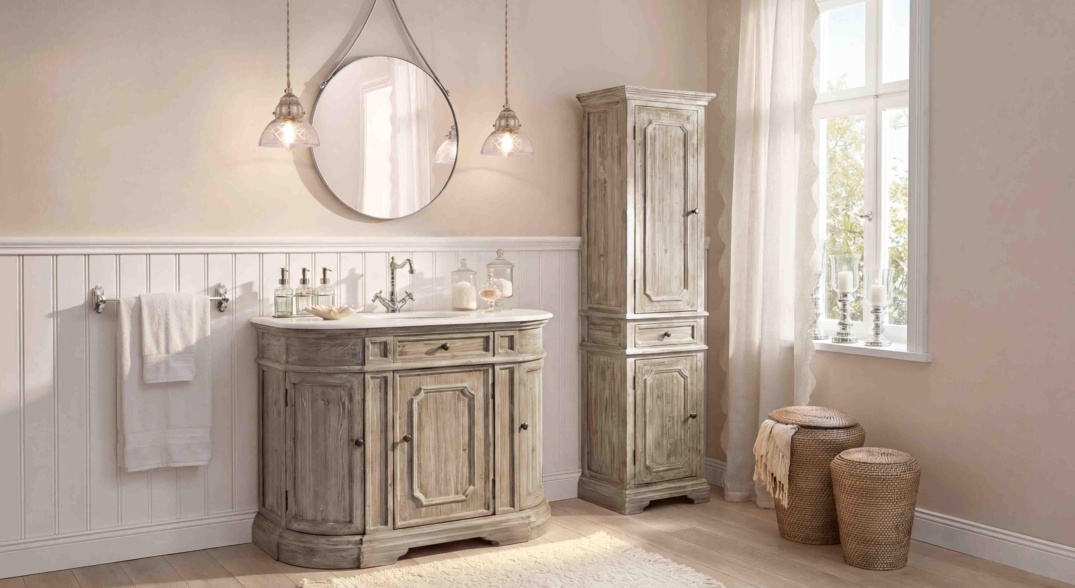Mobile bagno e armadio alto in legno grigio stile vintage con specchio rotondo e lampade sospese