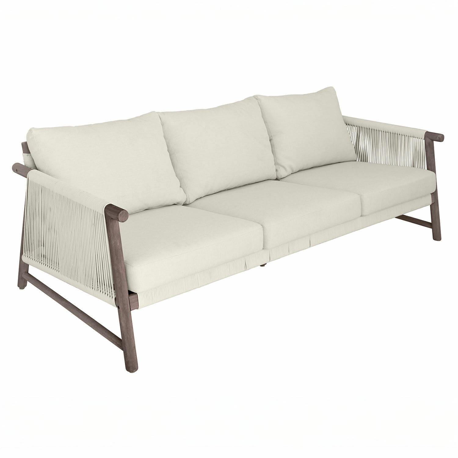 Divano FSC®-100% Clarmontaine Divano tre posti con tessuto beige e struttura in legno, mobile moderno per soggiorno