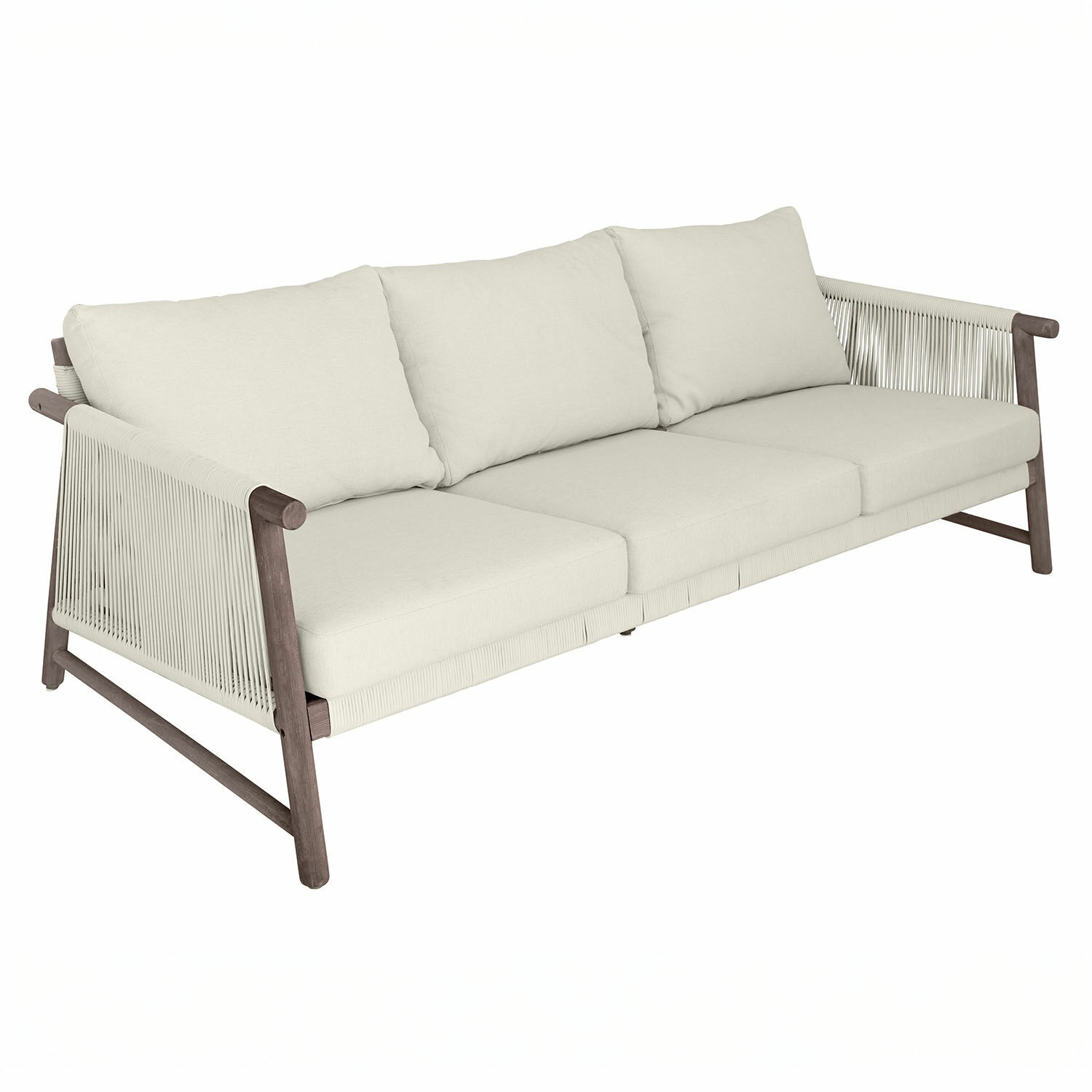 Divano FSC®-100% Clarmontaine Divano tre posti con tessuto beige e struttura in legno, mobile moderno per soggiorno