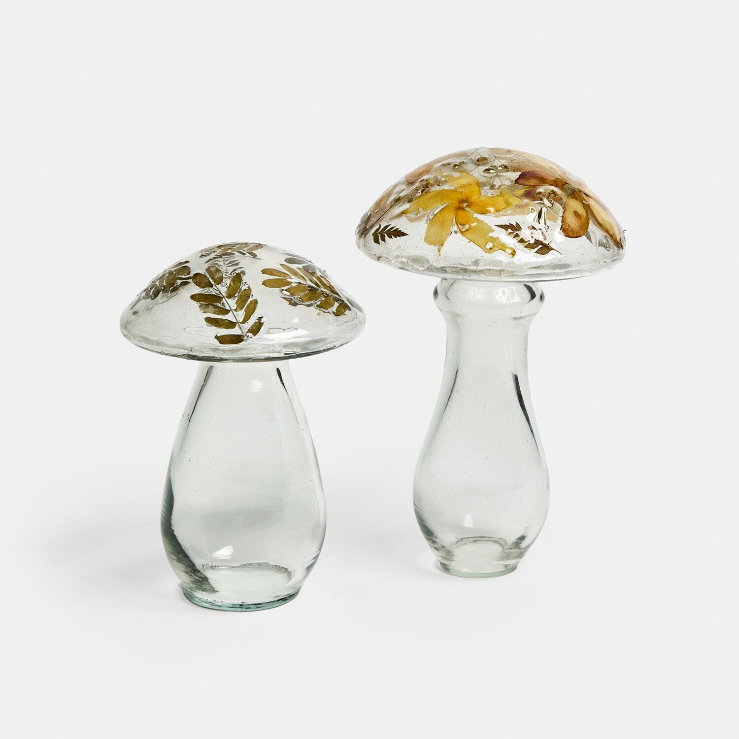 Coppia di funghi decorativi Émurise Decorazioni in vetro a forma di fungo con foglie e fiori secchi incastonati, trasparenti