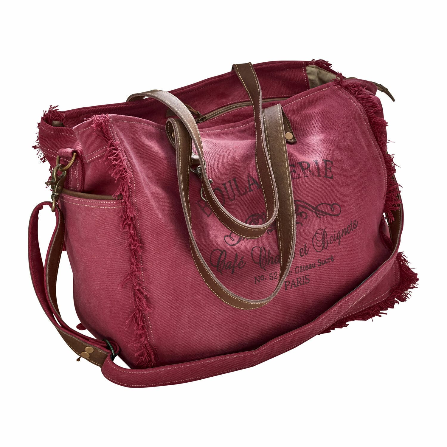Borsa Anoush Borsa da viaggio in tela rossa con manici in pelle marrone e stampa vintage boulangerie