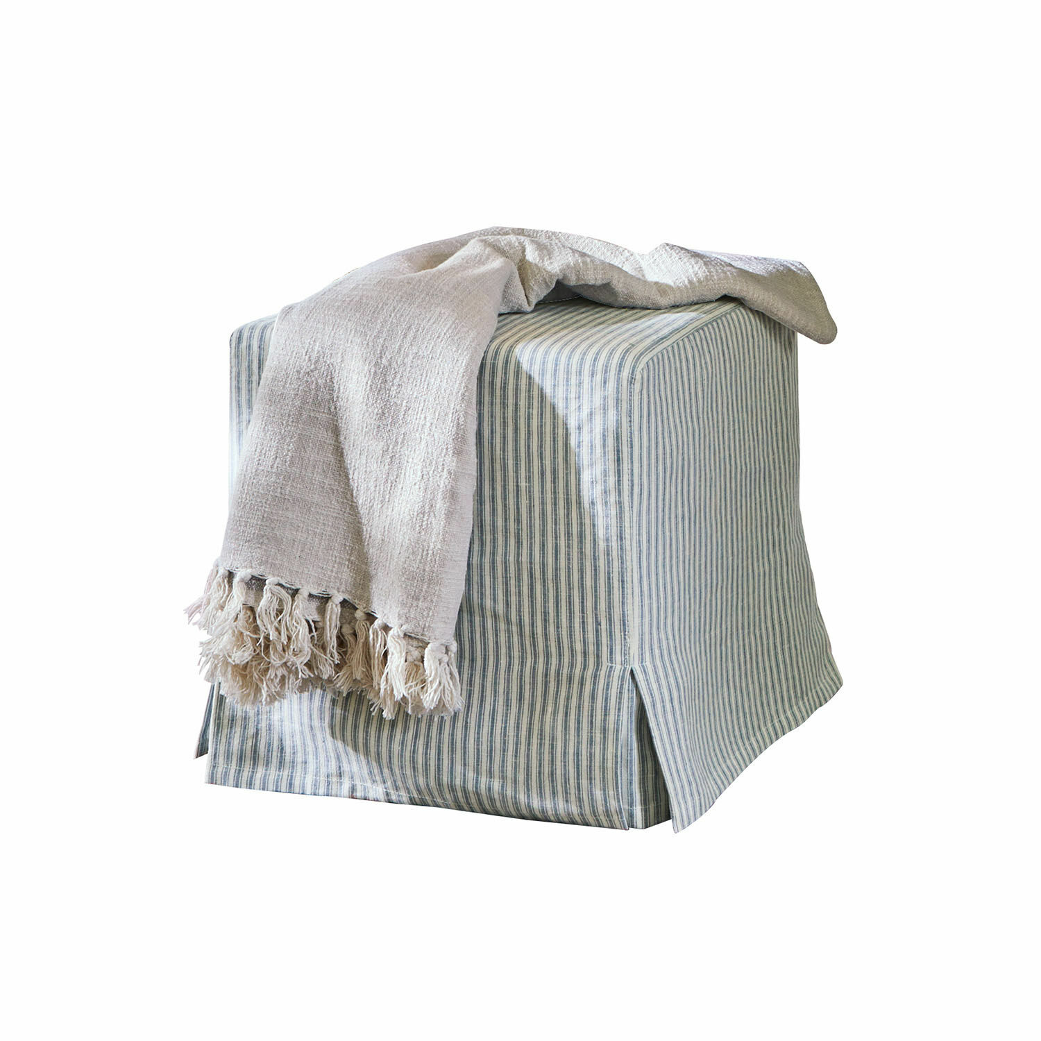 Pouf Ulysette Pouf quadrato in cotone a righe con coperta beige con frange sopra, mobile confortevole