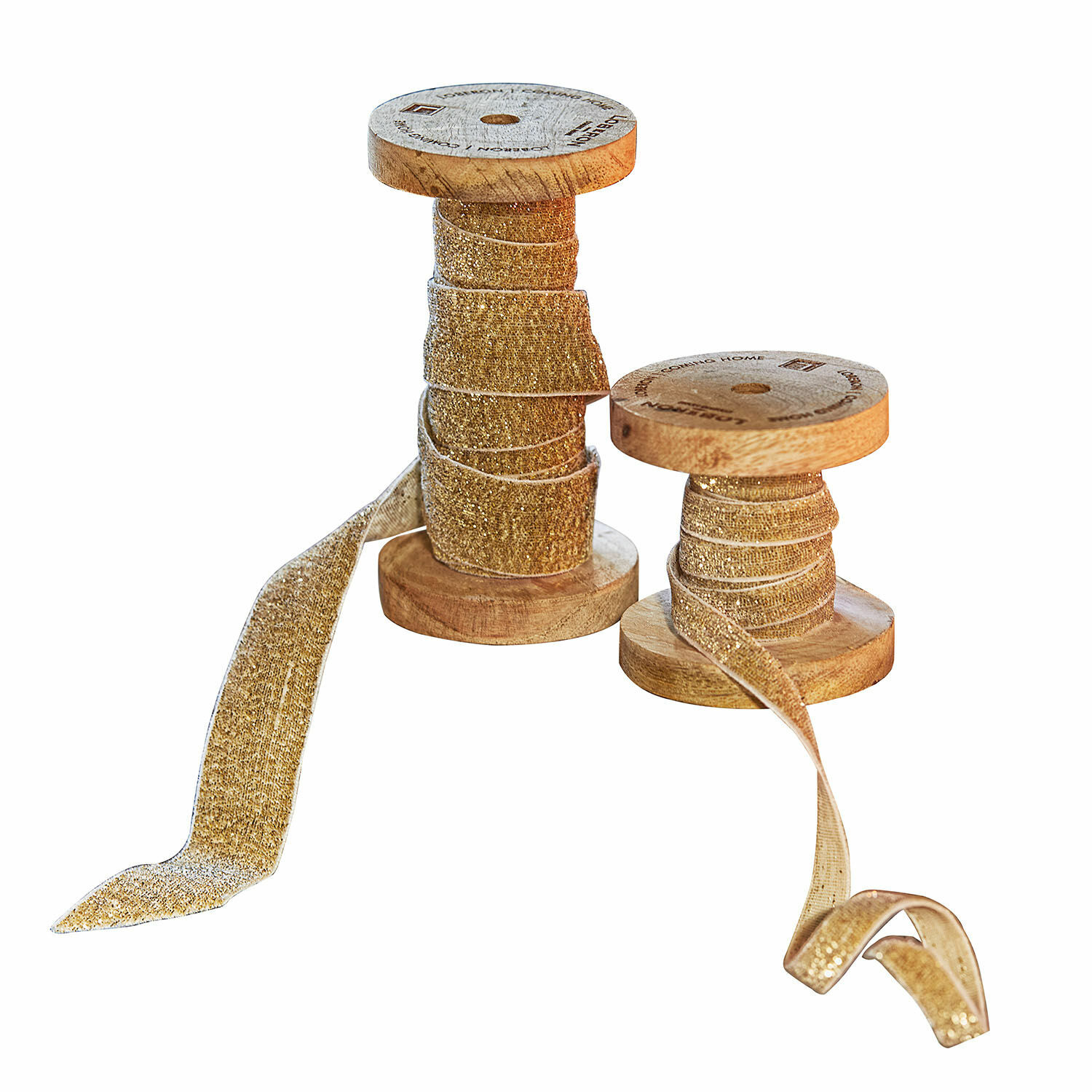 Coppia di nastri di velluto Risorio Due bobine di legno con nastro dorato glitterato per decorazioni e fai-da-te