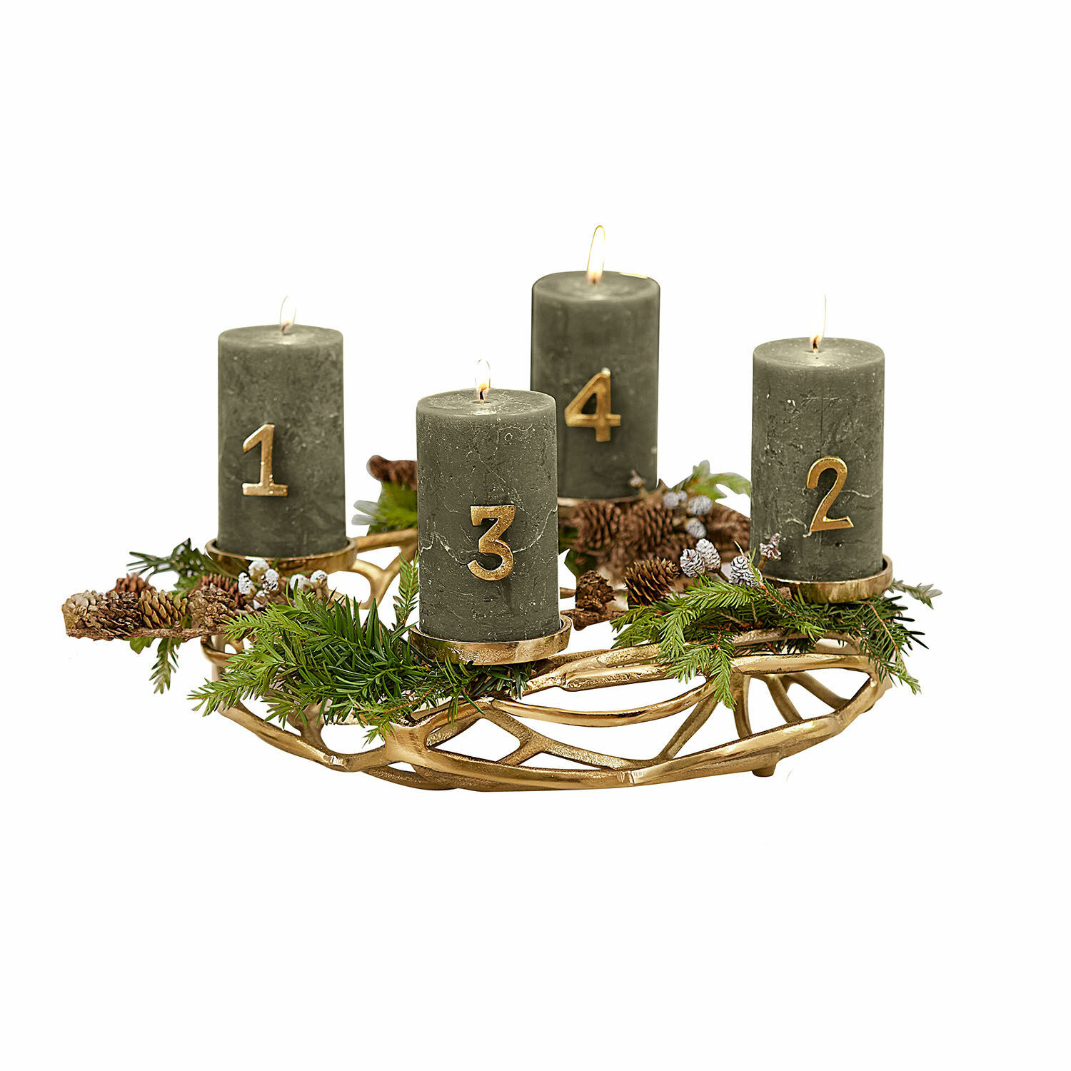 Ghirlanda portacandele Coldfield Corona d'Avvento verde con quattro candele numerate e decorazioni di pigne e rami