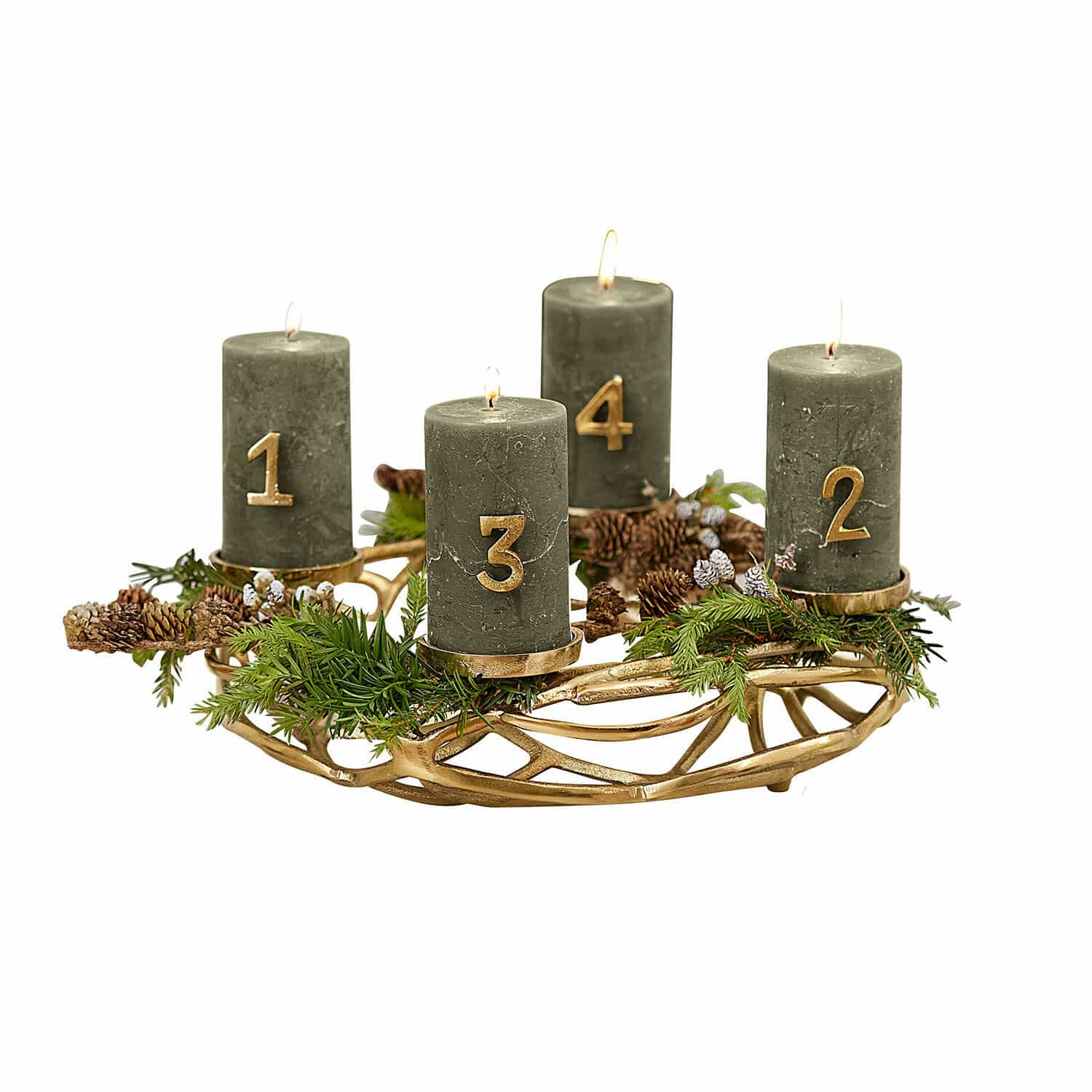 Ghirlanda portacandele Coldfield Corona d'Avvento verde con quattro candele numerate e decorazioni di pigne e rami