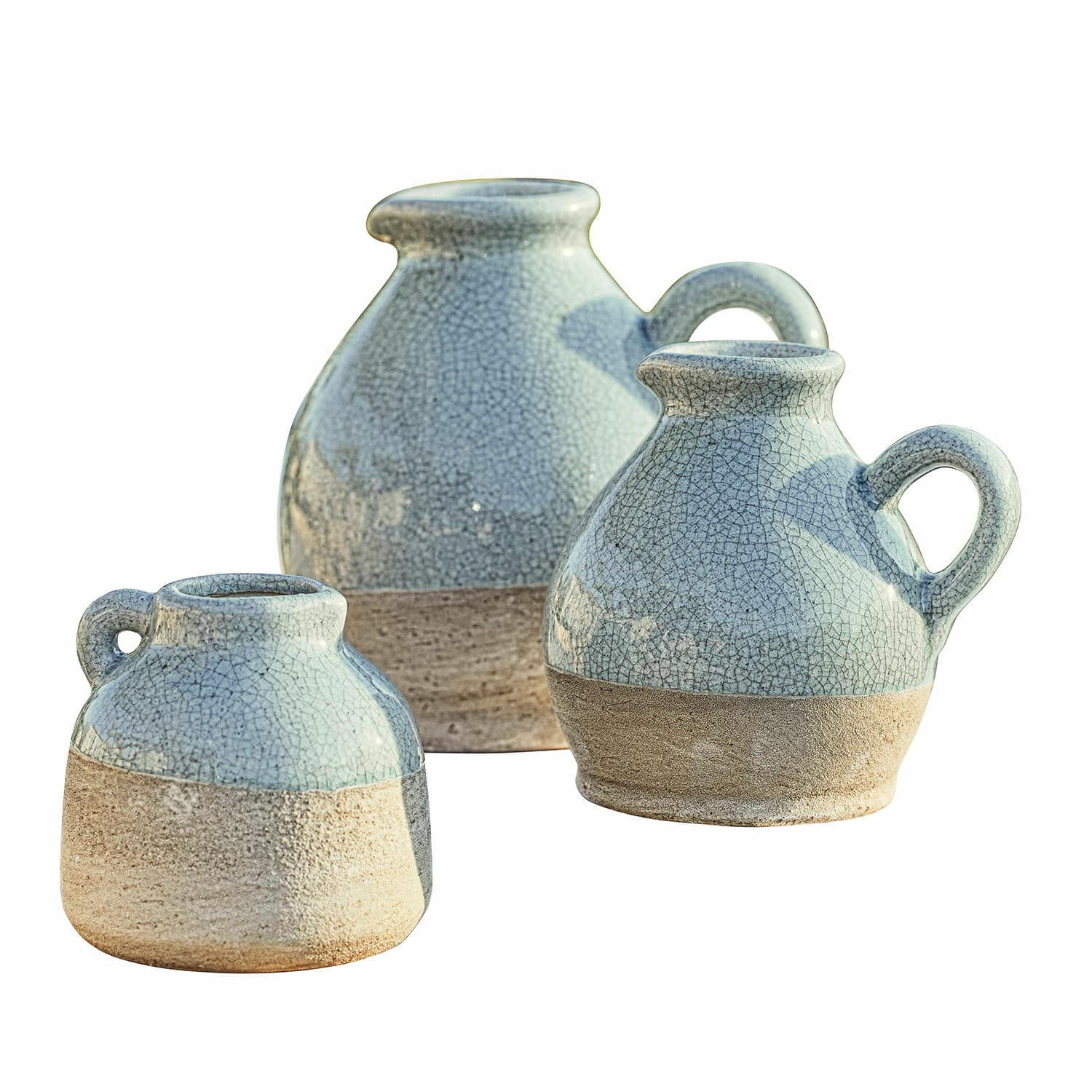Set di 3 vasi Lezíria Set di tre vasi in ceramica blu e beige con effetto craquelé, decorazione d'interni elegante