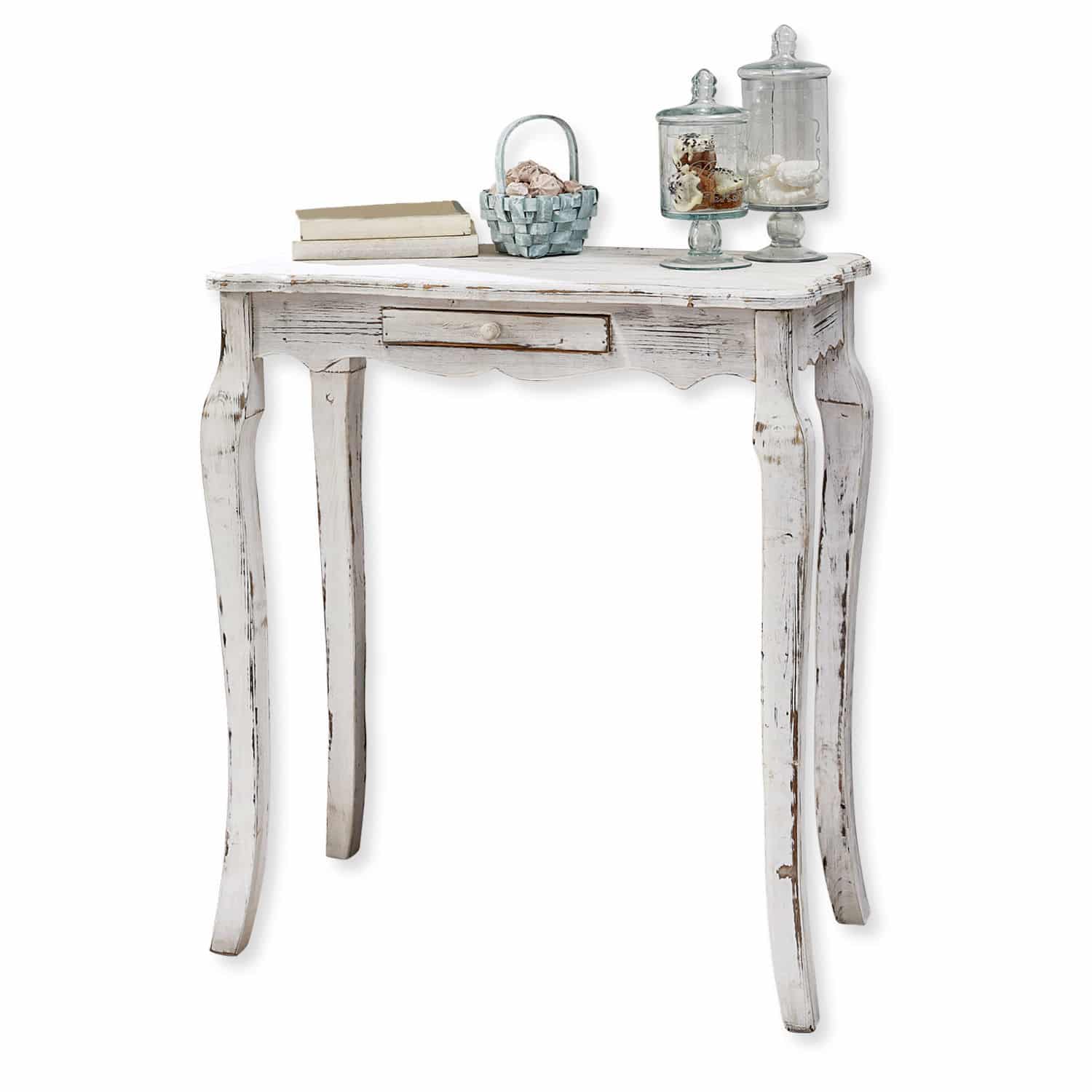 Consolle Barbey Consolle in legno bianco stile vintage con cassetto, decorata con libri e barattoli di vetro