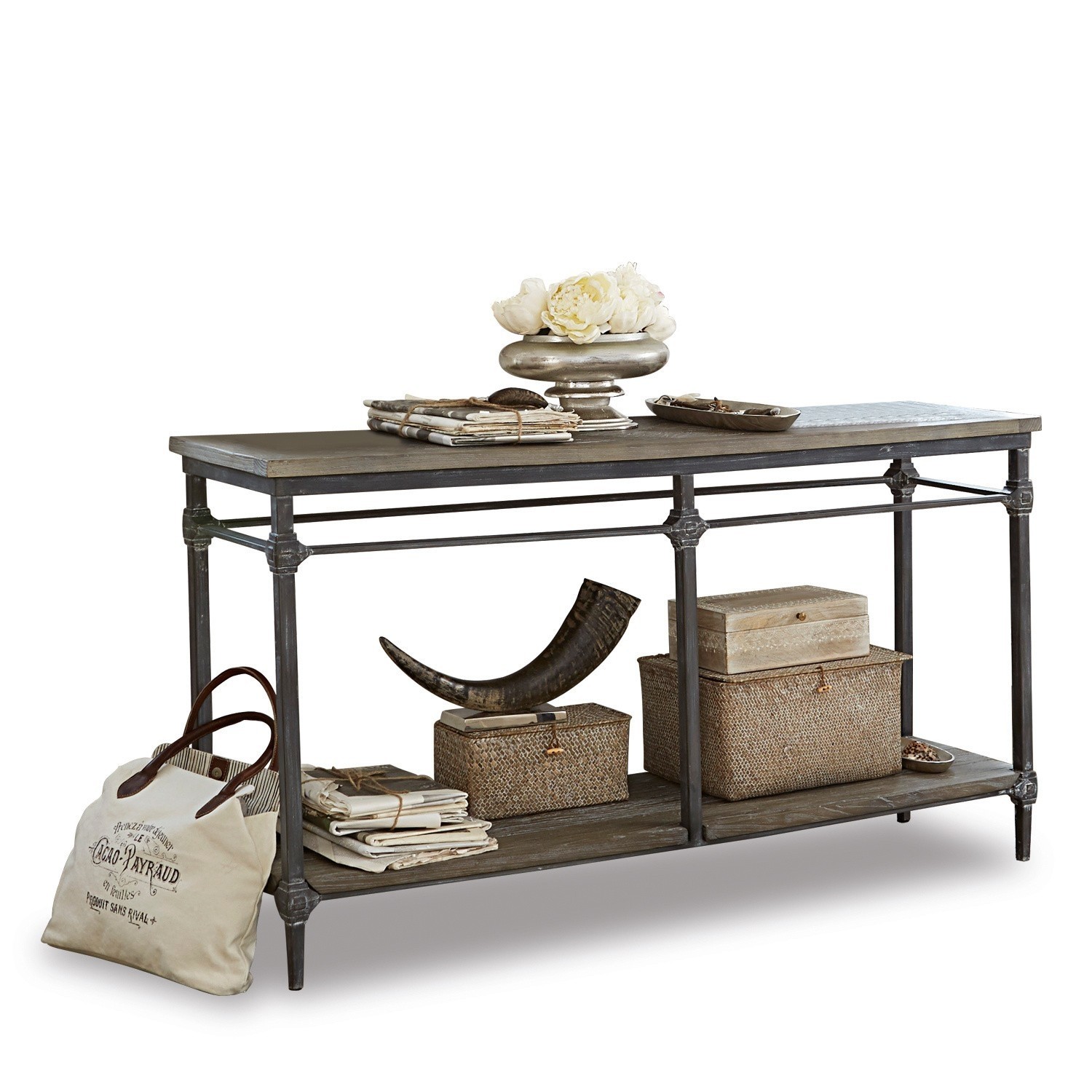 Consolle Caspian Tavolo con struttura in metallo e piano in legno grigio, decorato con scatole portaoggetti e accessori