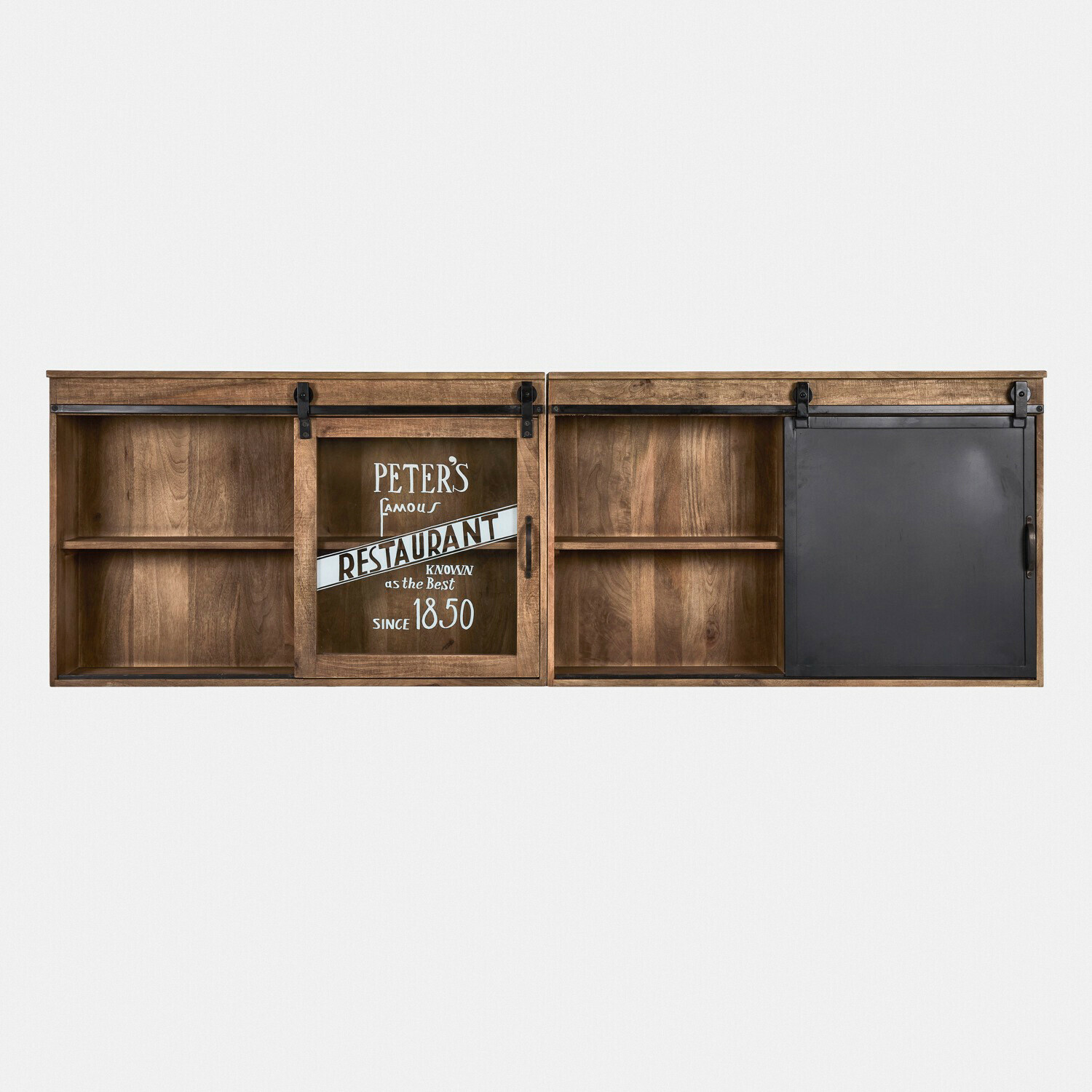 Mensola da parete in legno con ante scorrevoli in vetro e metallo stile vintage per riporre