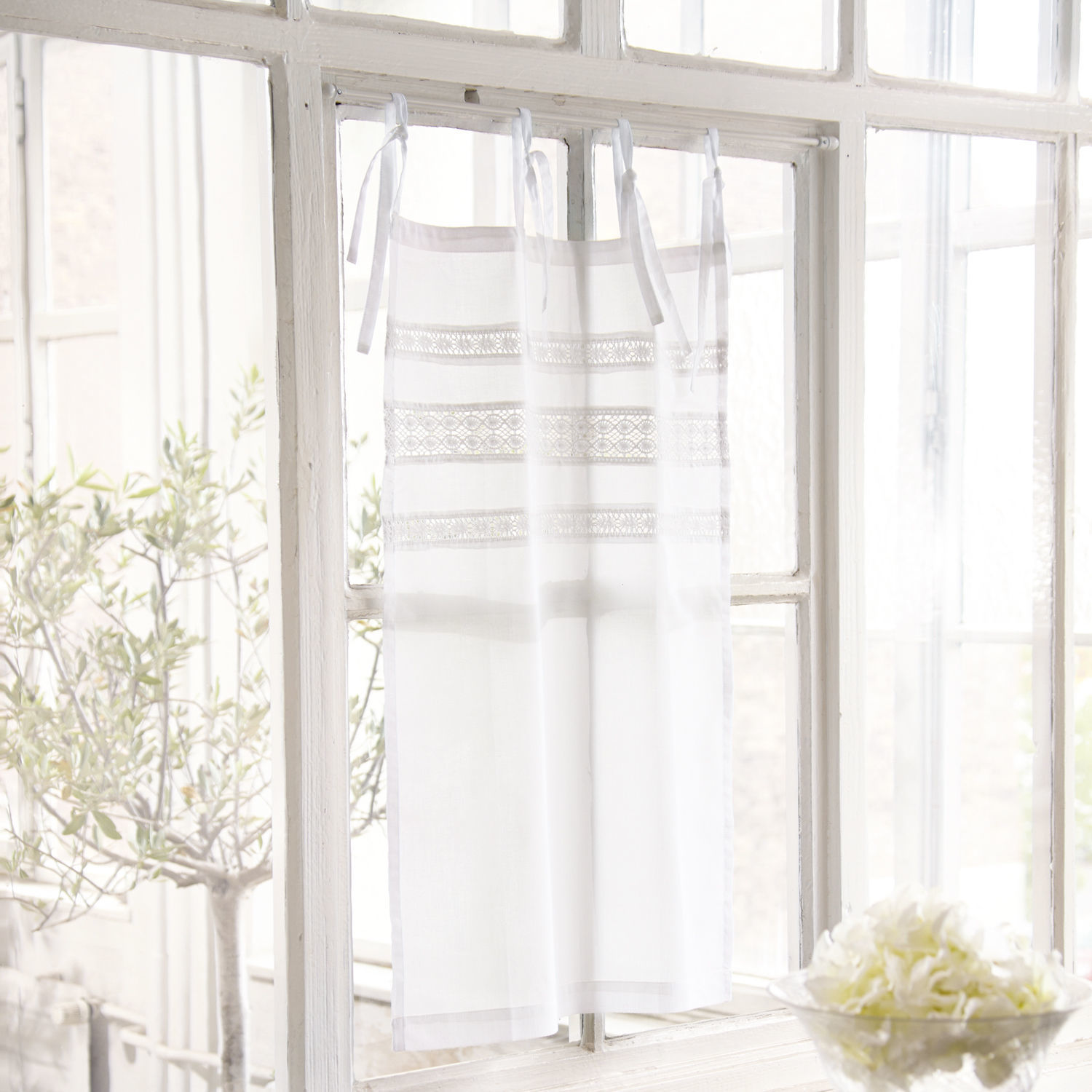 Coppia di tendine Aibre Tenda bianca in cotone con fasce di pizzo decorativo alla finestra, decorazione d'interni