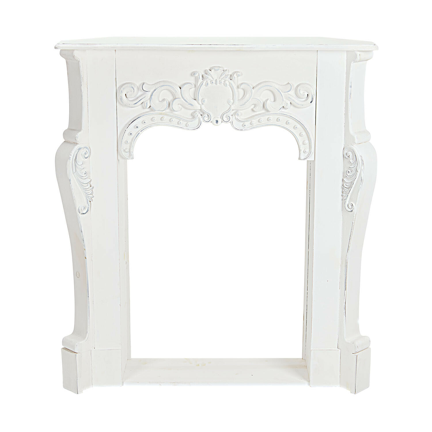 Consolle caminetto Emporia Cornice per camino in legno bianco con intagli decorativi, elemento classico per interni