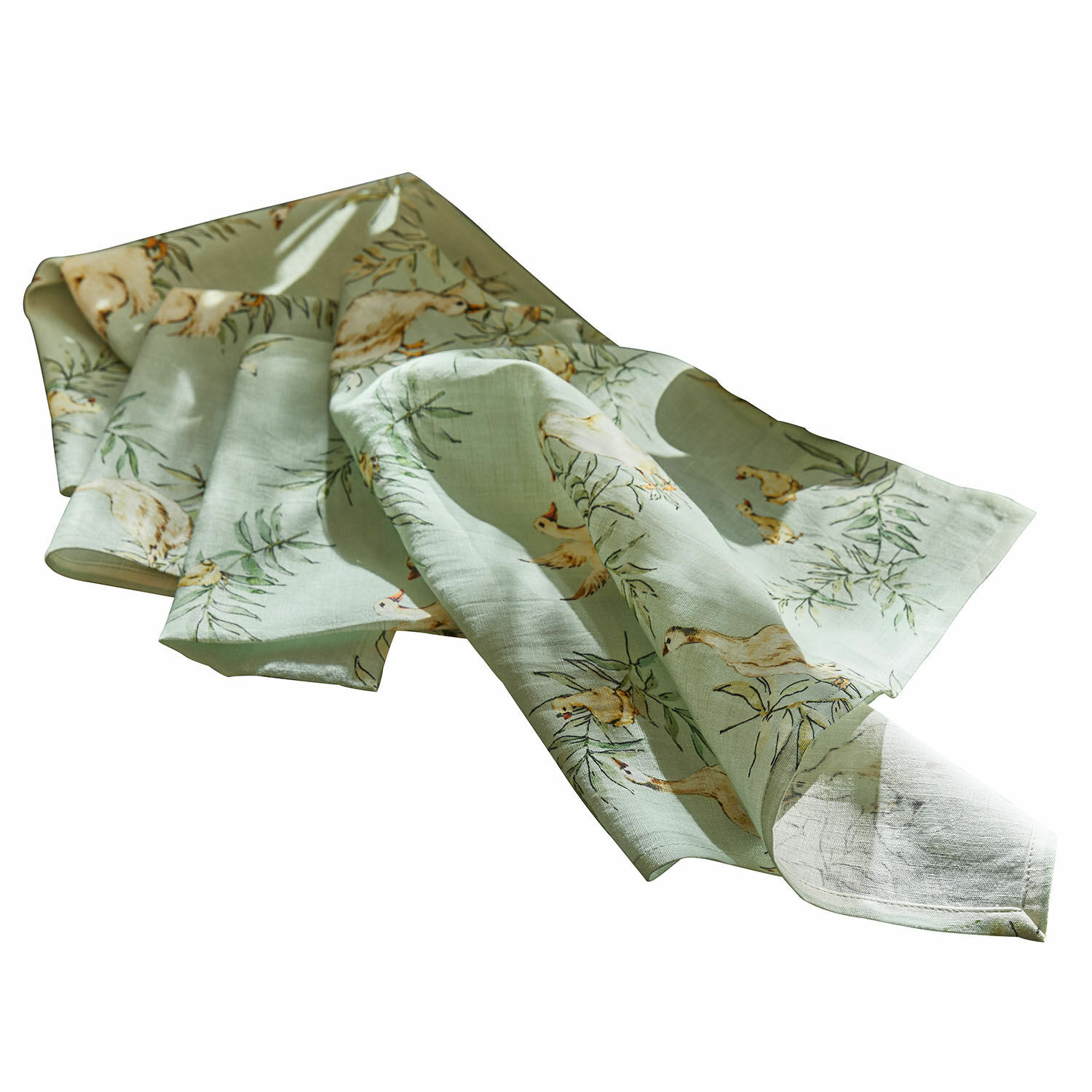 Set di 4 tovaglioli Gubbio Tovaglia in lino verde con stampa di anatre e foglie, decorazione naturale per tavolo
