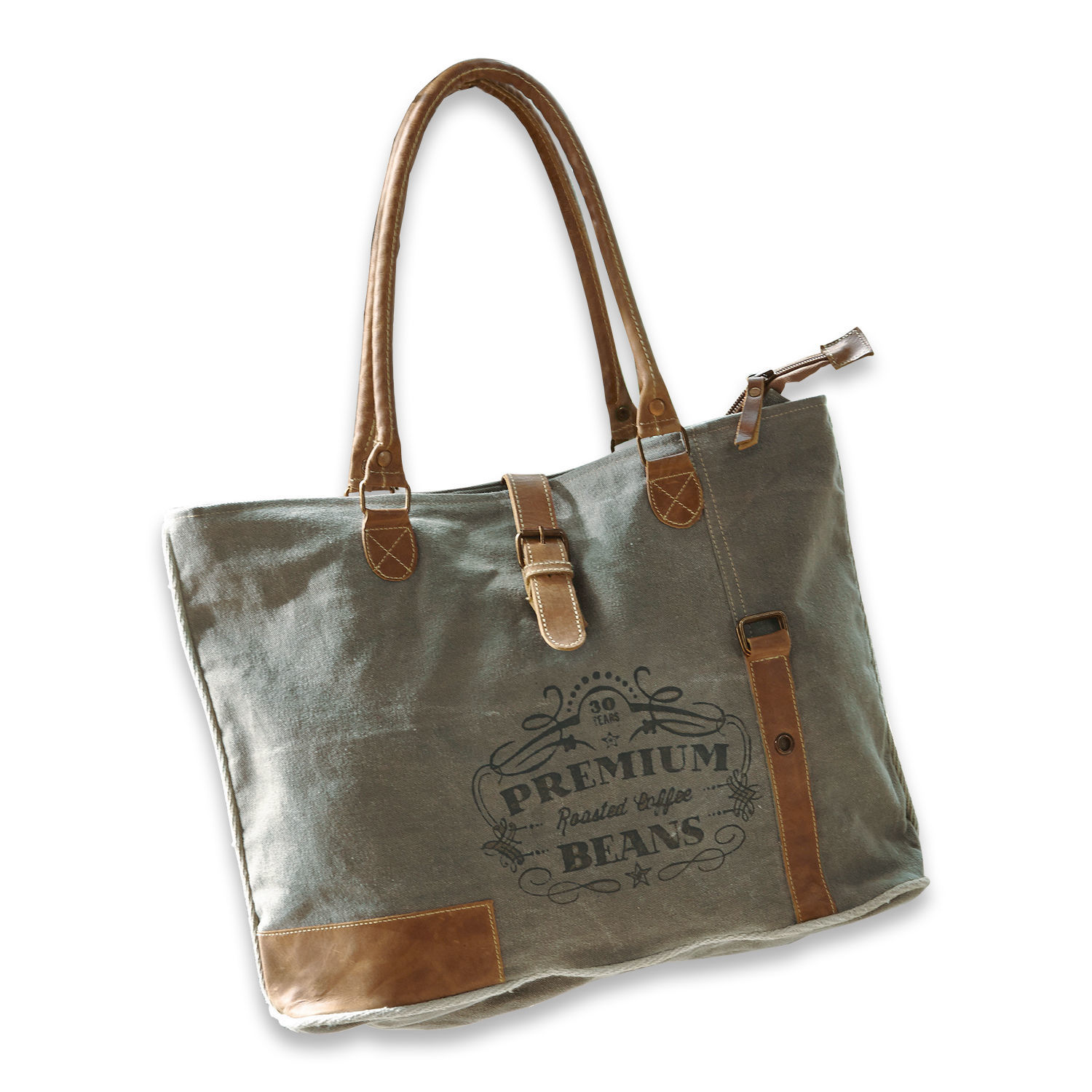 Borsa Staci Borsa grigia in tessuto con manici in pelle marrone e stampa premium coffee beans