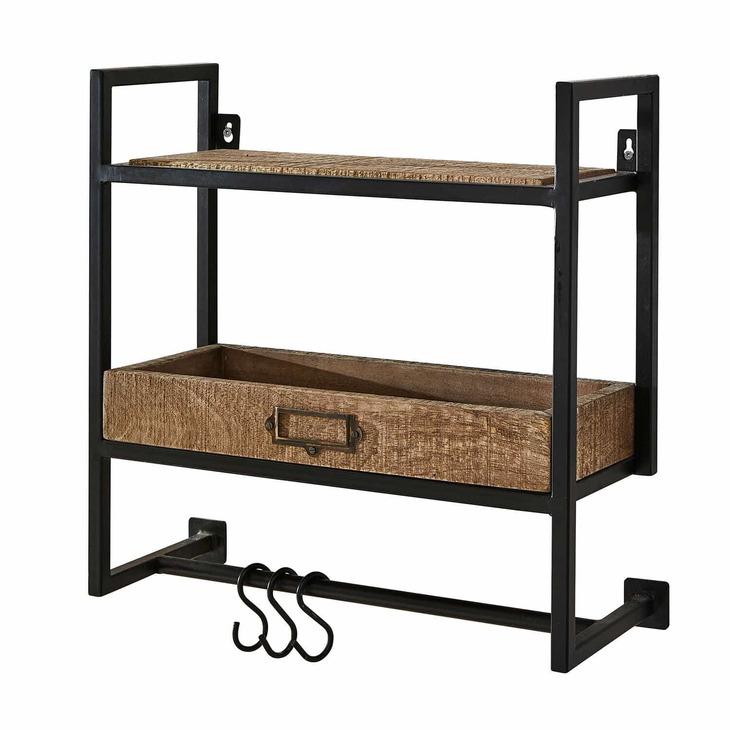 Scaffale da parete Taylors Island Mensola da parete nera in metallo con ripiano in legno e ganci per appendere accessori