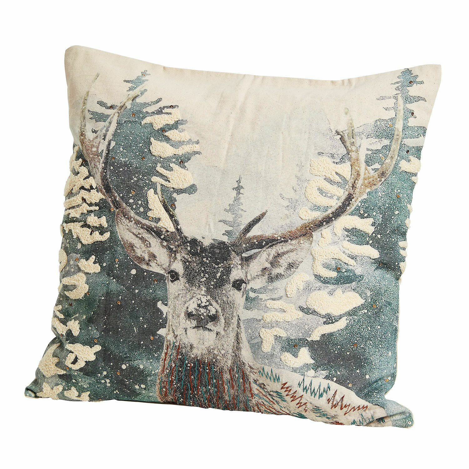 Copricuscino Elvaris Fodera per cuscino decorativa con motivo cervo e foresta invernale in tonalità verdi e beige